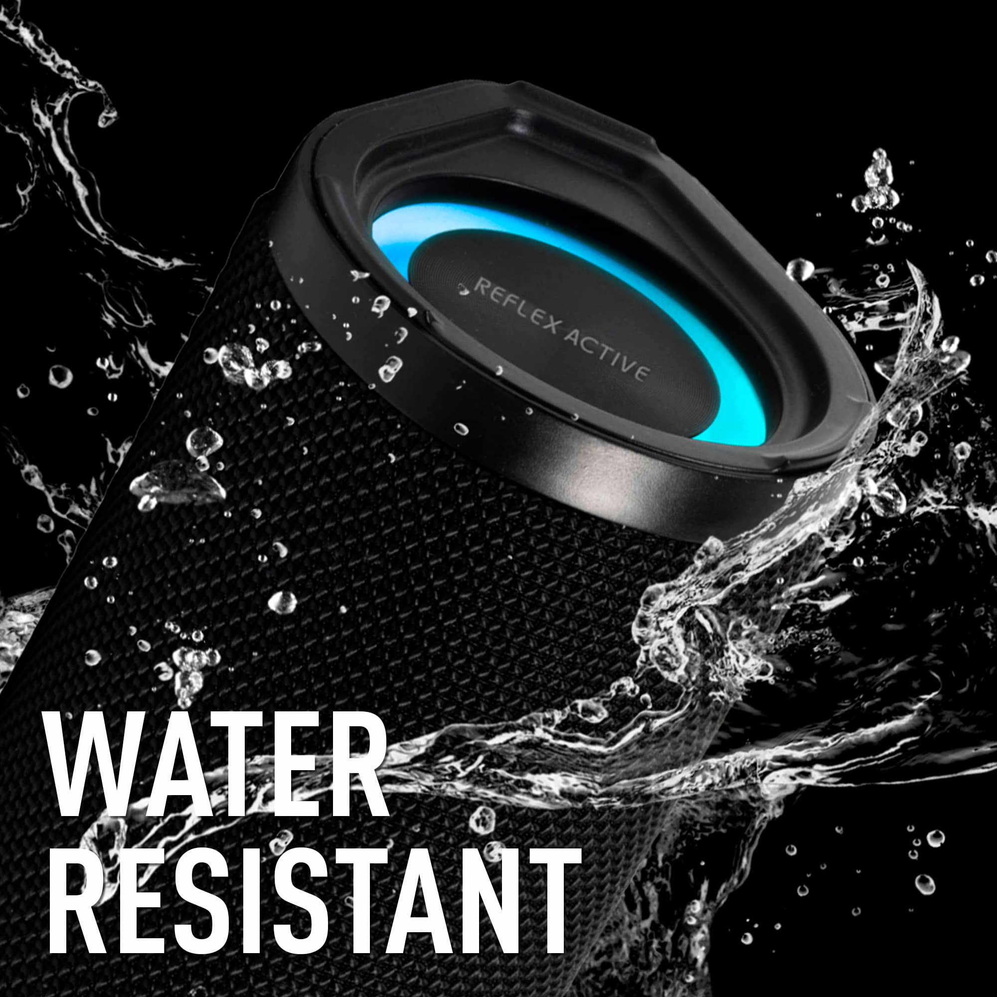 Reflex Active Głośnik stereo BT z pasywnym basem. Zewnętrzny odporny na wstrząsy i wodoodporny głośnik. Moc wyjściowa 2 x 2,5 W. Czarne gumowe wykończenie lakieru z logo paska