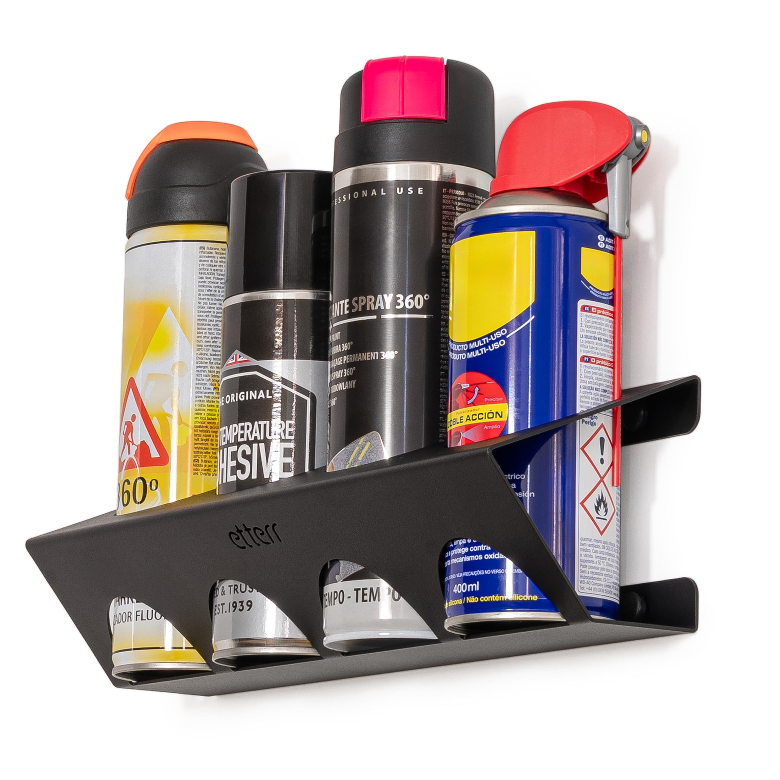 Soporte de Pared para Sprays y Aerosoles Ø65 mm | 100 % Acero Reforzado | Organizador Estantería Balda Taller, Garaje, Furgoneta | Fabricado en Europa | 400 ml | 500 ml | 366 g | 4 Botes