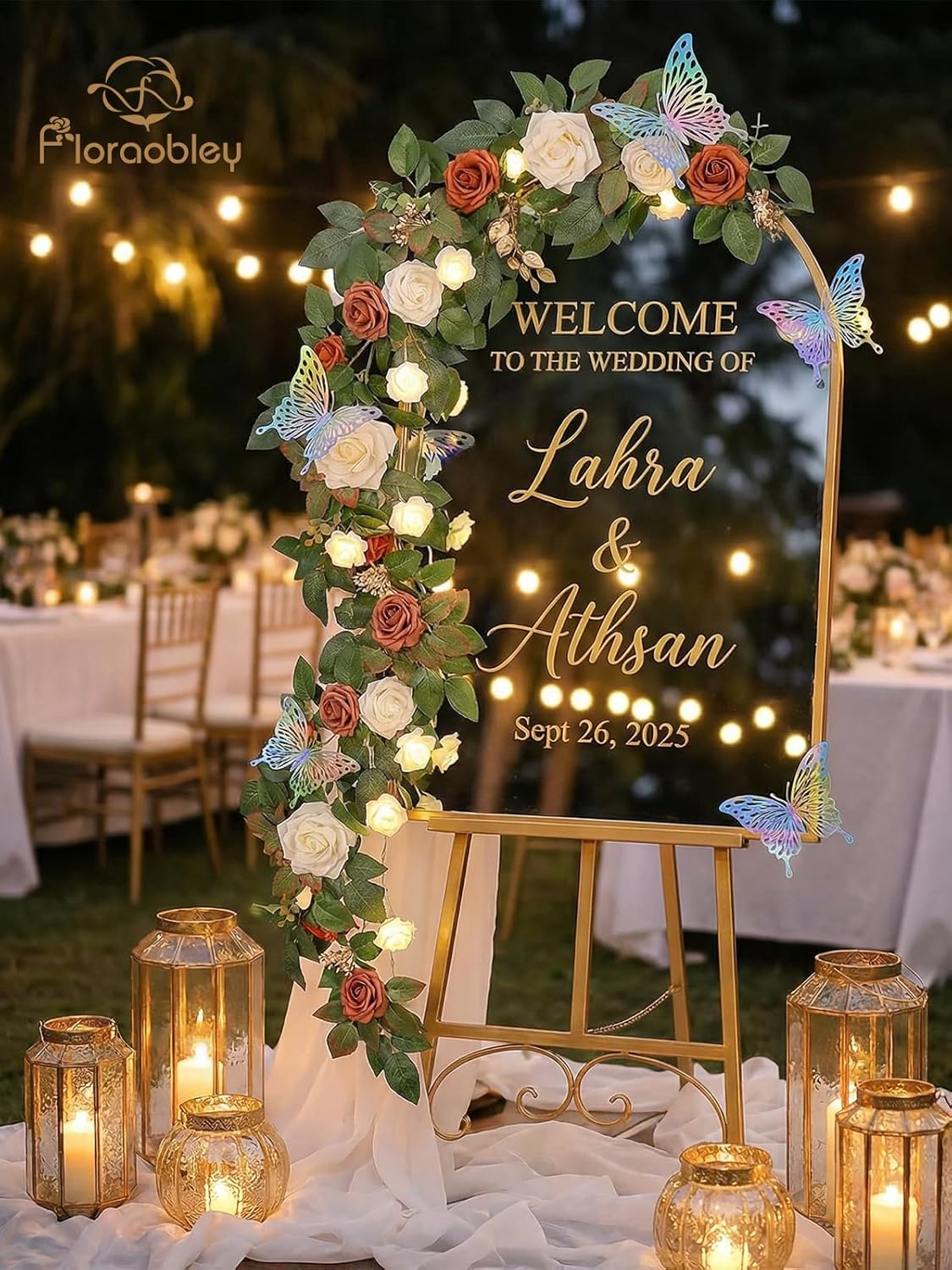 5.5FT Artificial Flower Garland Orange Rose & Greenery for Wedding Arch Backdrop Table Centerpiece Mantel Decor, with Rose String Lights & 3D Butterflies