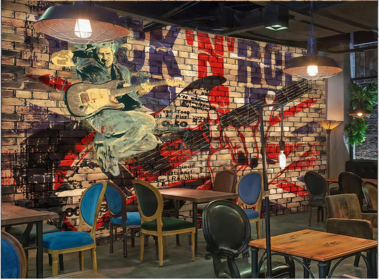 rskjdghshd Wallpaper Retro Brick Wall Graffiti Personalized Rock Music Theme Bar Western Restaurant Background Wall Mural Afternoon Tea Coffee Shop Wallpaper,3D,350x245cm