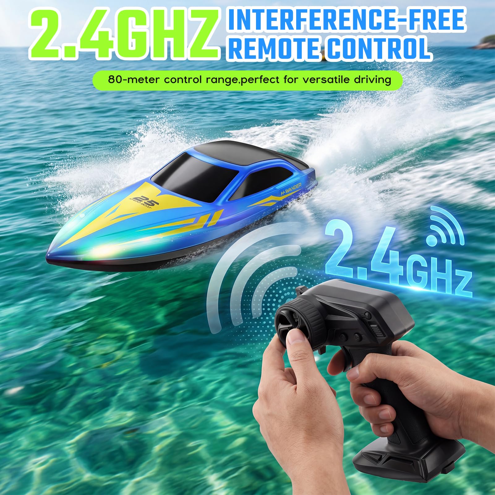 Bateau Télécommandé Rapide 15 KM/H - 2 Heures d'Autonomie, Redressement Automatique, Étanche - Bateau RC 26cm avec Lumières LED, Batterie Rechargeable pour Enfants et Adultes