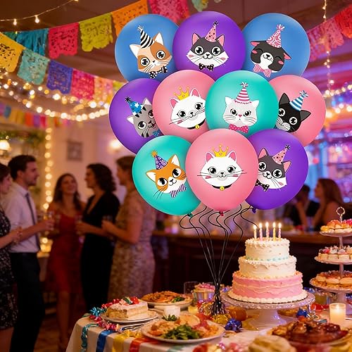 Miniatura 5 de 40 globos de látex para fiesta de cumpleaños de gatos, lindos globos con estampado de gatitos de dibujos animados, decoraciones de fiesta de gato,