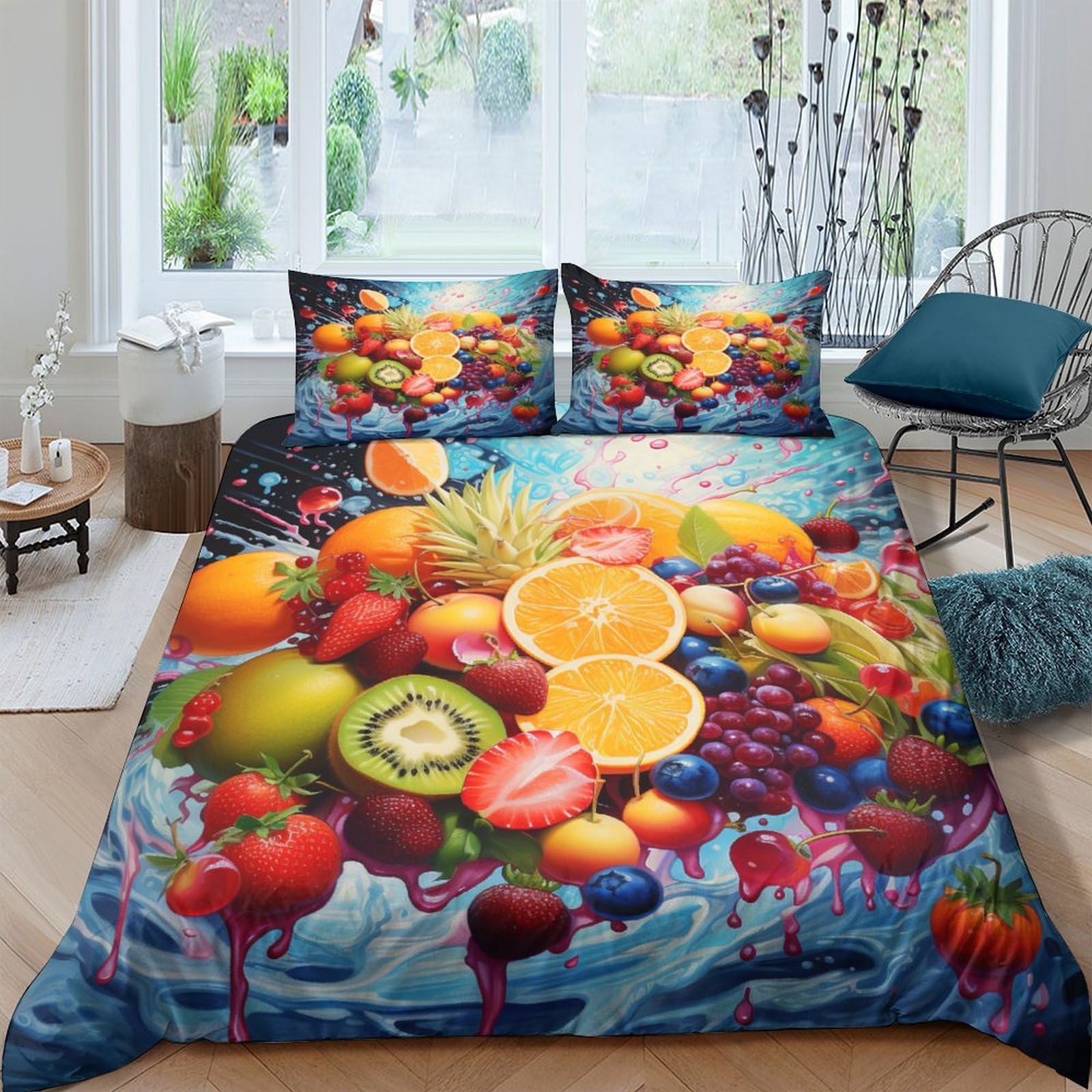AAHARYA Fruit 3D Printed Bedding Set for Children Teens Duvet Cover Set with Pillowcase Microfiber Orange Strawberry Grape Quilt Cover with Zipper Closure King（220x240cm）