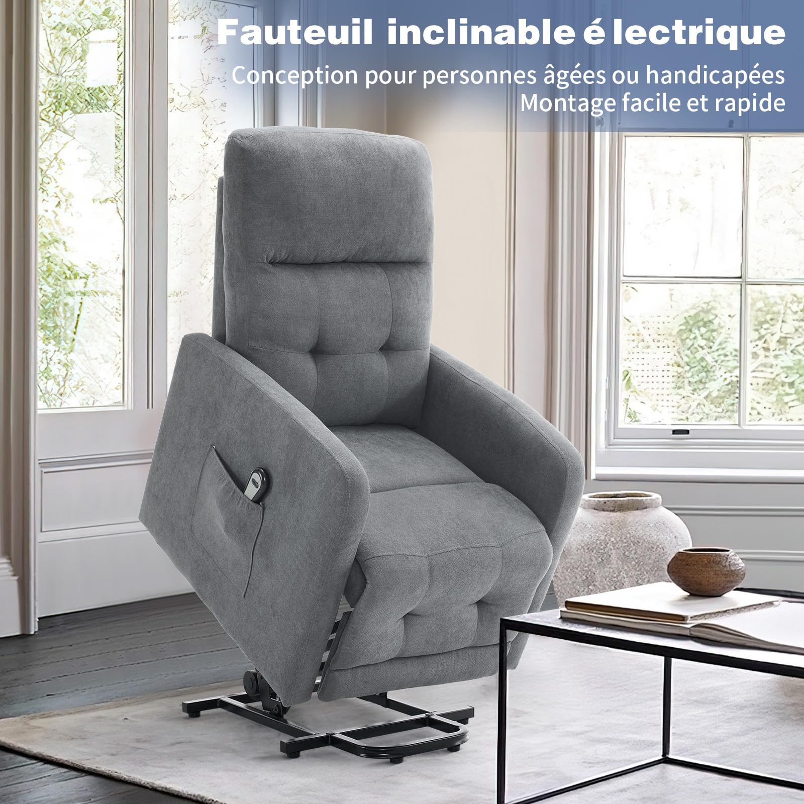 Fauteuil Releveur Relax, Fauteuil de Relaxation, Inclinaison Réglable et Repose-Pieds Télécommande (Gris foncé)