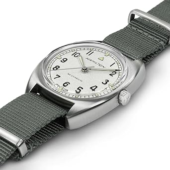 Hamilton Khaki Aviation Pilot Mechanical Men's Watch, 36mm x 33mm Stainless Steel Case, Swiss Made, Silver Dial Analog Wrist Watch for Men, 100m Waterproof, Mineral Crystal, Textile Strap