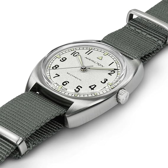 Hamilton Khaki Aviation Pilot Mechanical Men's Watch, 36mm x 33mm Stainless Steel Case, Swiss Made, Silver Dial Analog Wrist Watch for Men, 100m Waterproof, Mineral Crystal, Textile Strap