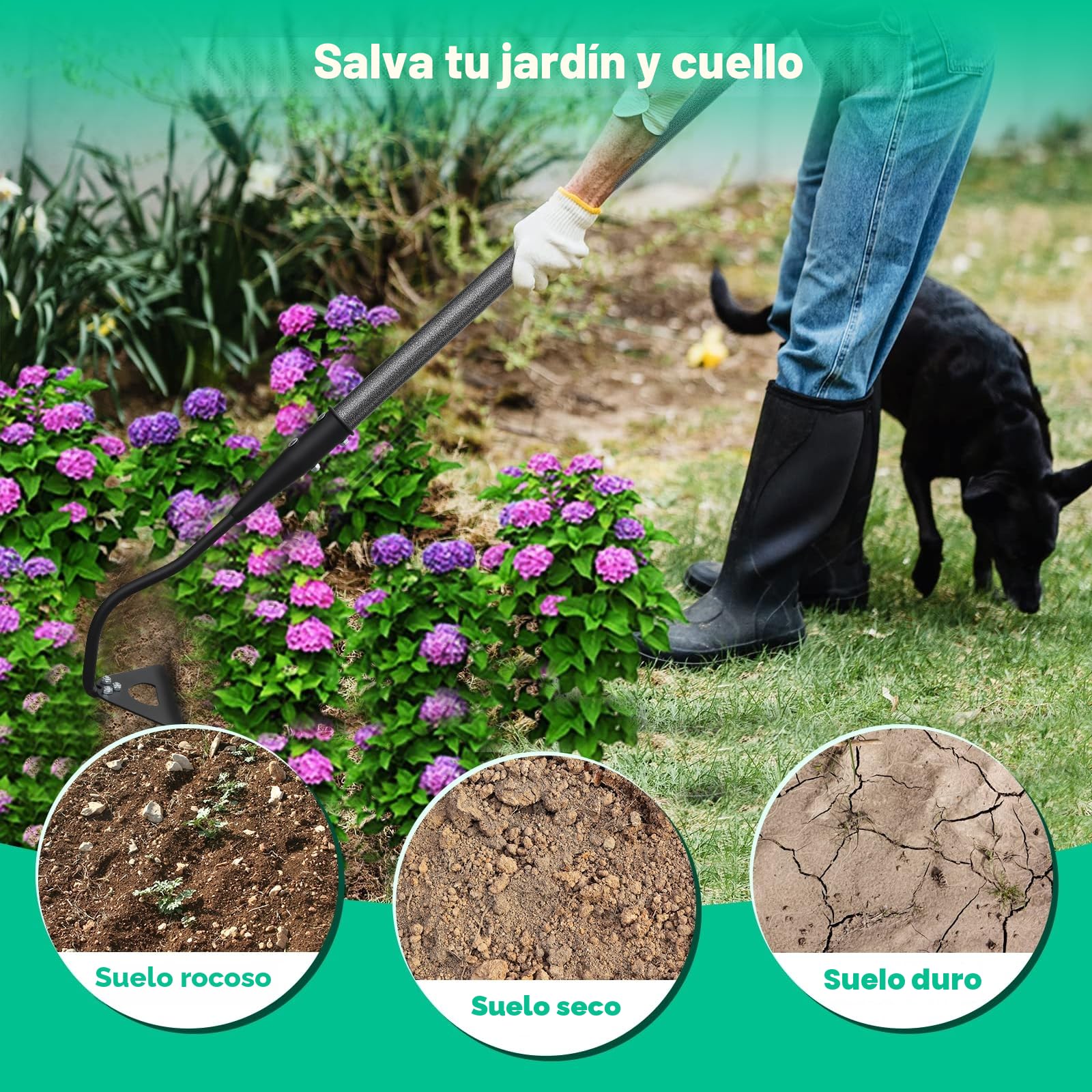 Azada de jardín, azada de jardín con mango de 140 cm, azada hueca endurecida para eliminar malezas, aflojar el suelo, cavar, plantar, hacer surcos, práctico dispositivo para eliminar malezas