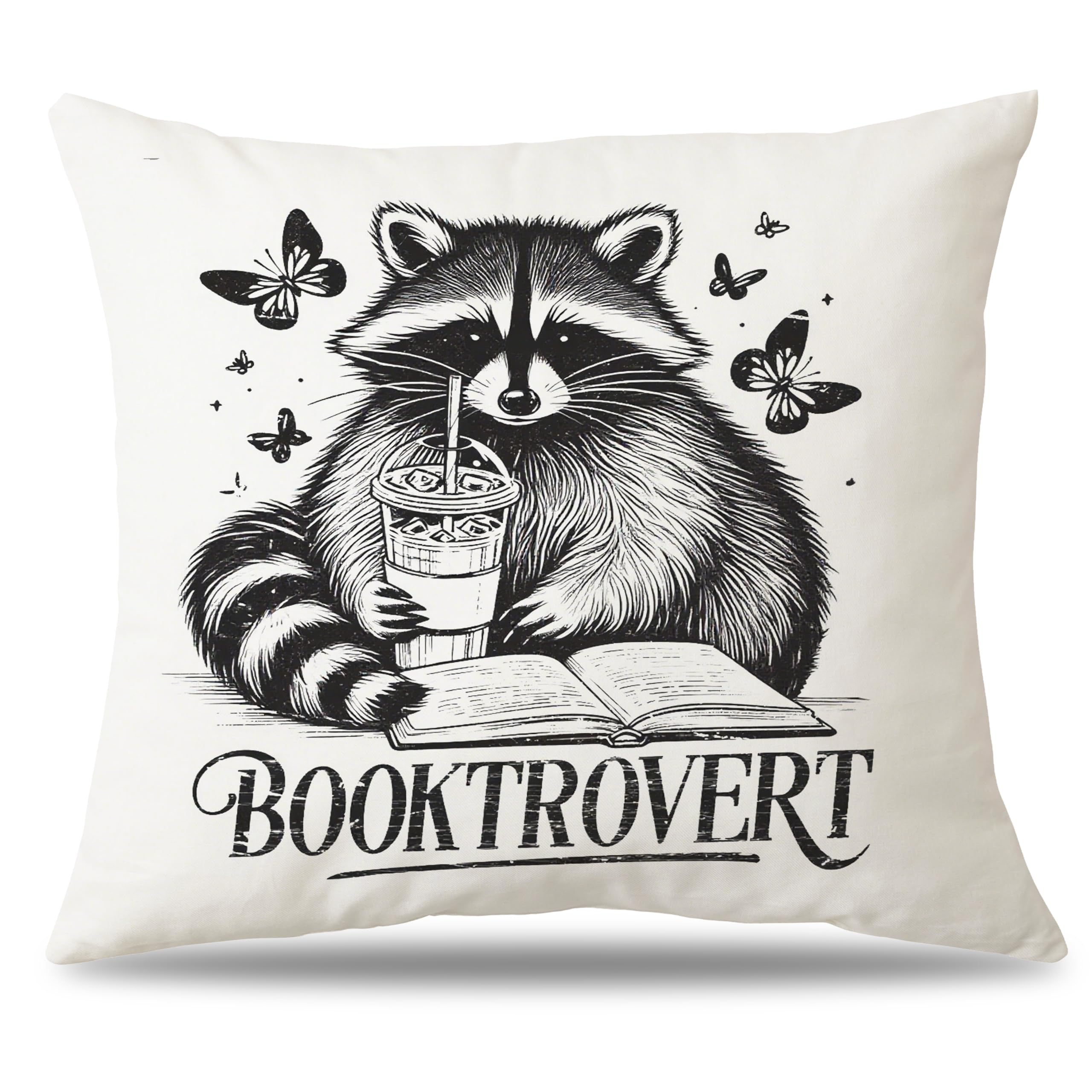 AgriFusion Tech Raccoon Booktrovert Pillow Cover 18x18 Gifts for Book Lovers Raccoon Enthusiasts Cute Reading Animal Decor Pillow