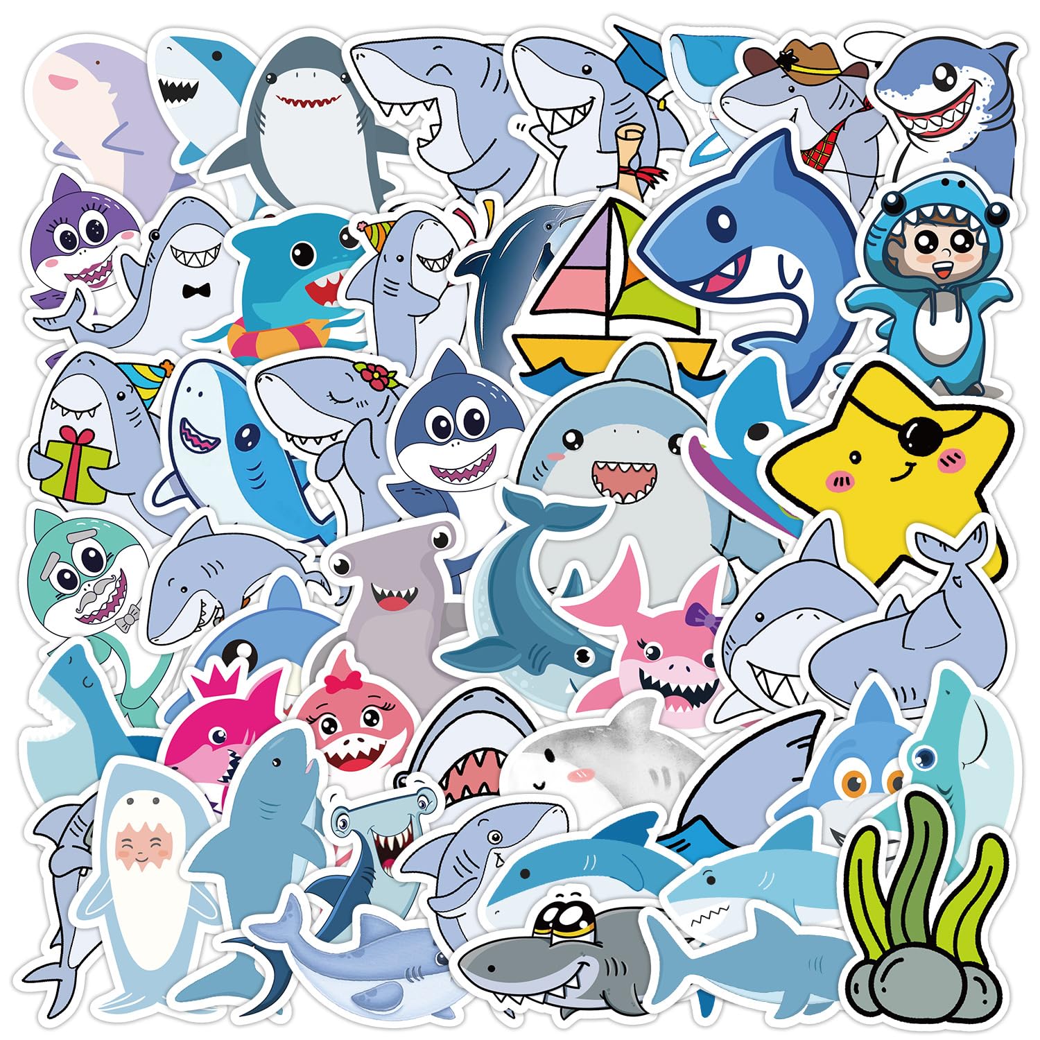 Shark Stickers 50 Pcs Vinyl Cartoon Trendy Animal Sticker for Water Bottle Laptop Scrapbook Skateboard Car Bike Notebook Luggage Guitar,Waterproof Funny Cute Ocean Fish Decals for Teens Adults