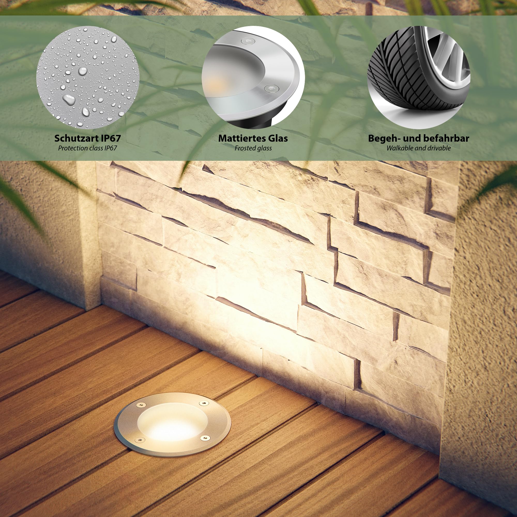 ledscom.de Lampe encastrée dans le sol BOLI pour l'extérieur, IP67, inox, givré, rond, 108mm Ø incl. lampe LED 500lm blanc chaud