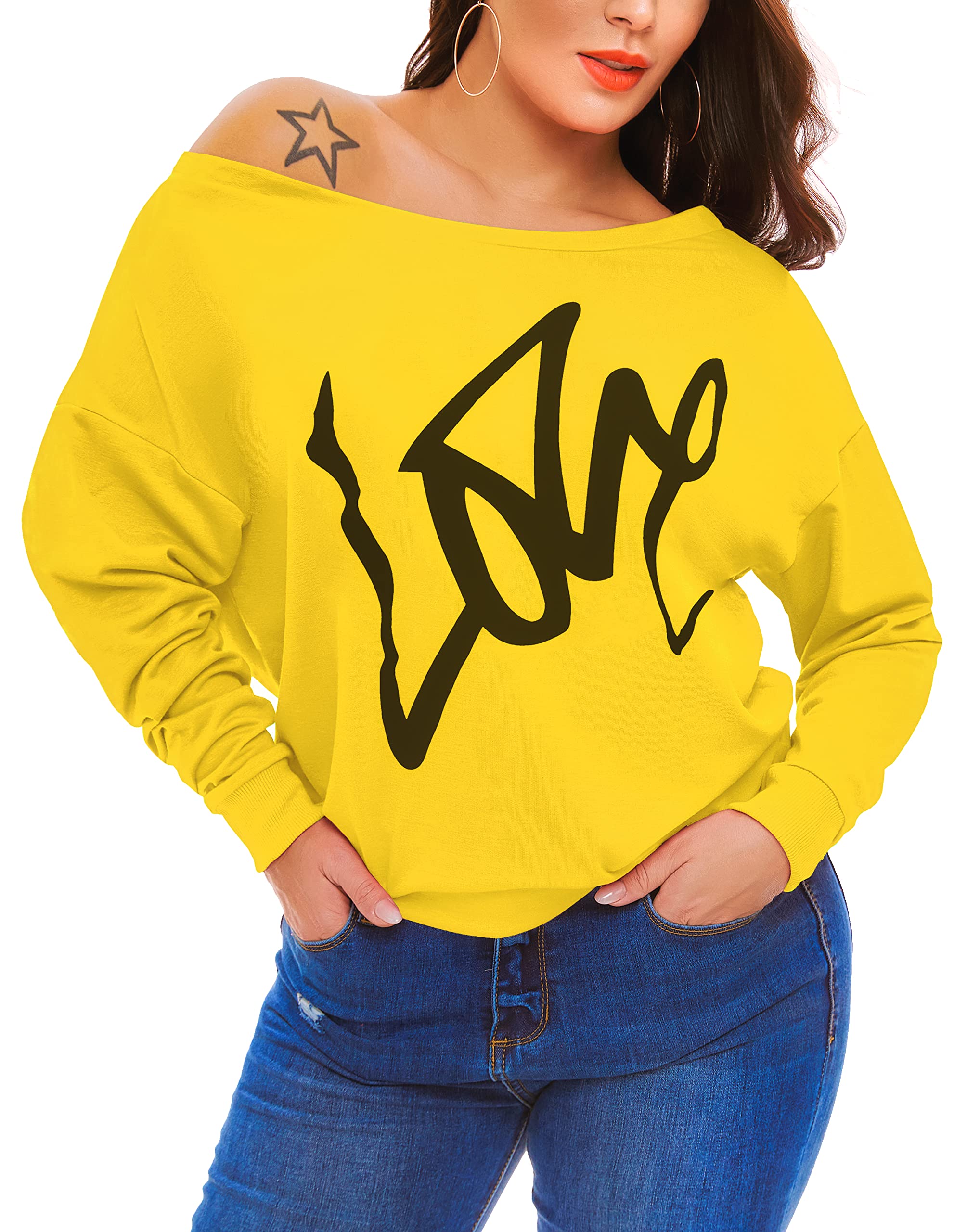AM CLOTHESWomens Tops Plus Size Off Shoulder Sweatshirts S-5X Sweaters Shirts Long Sleeve Oversized T-Shirts