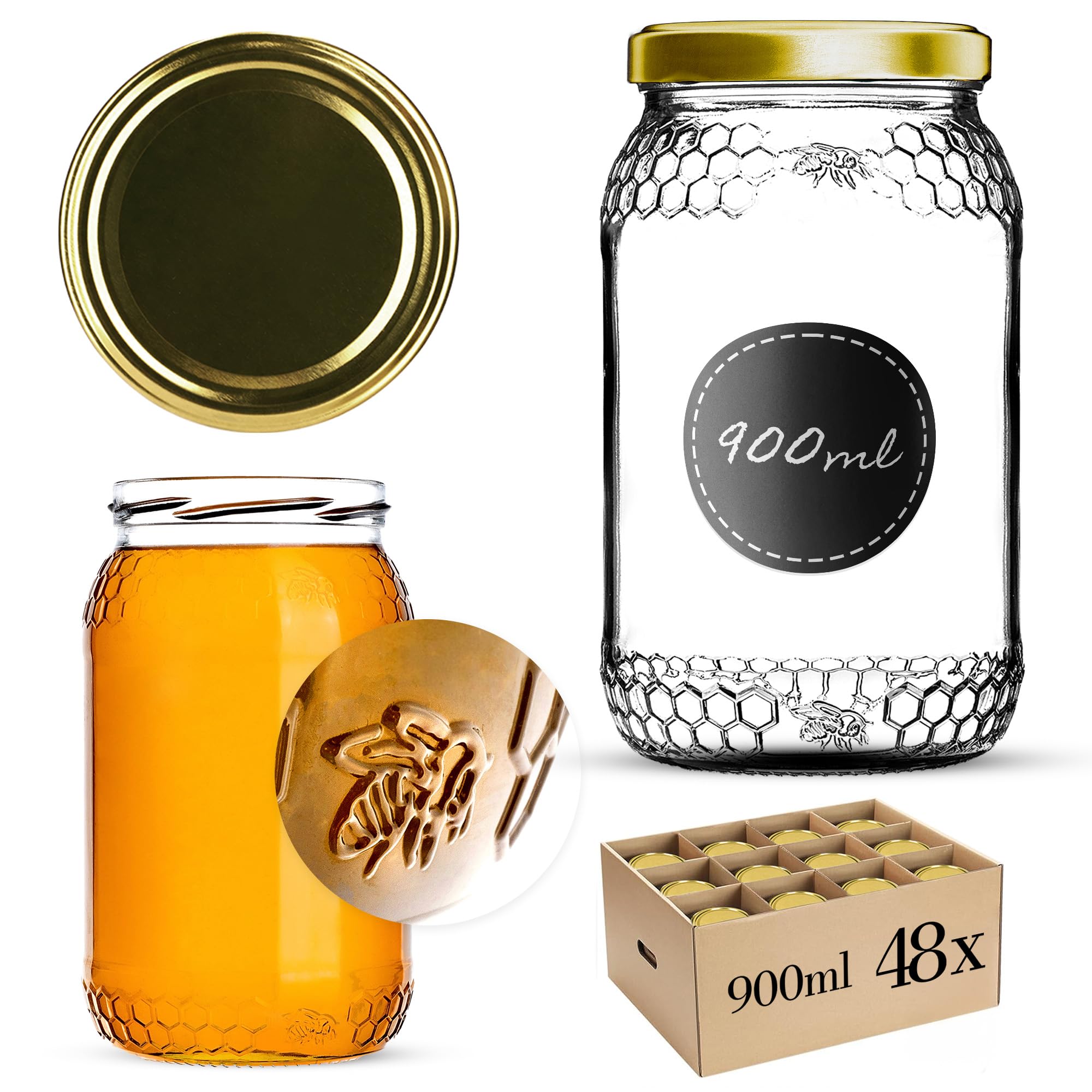 KADAX 48er Set Honiggläser 900ml mit TO82 Schraubdeckel Gold – Einmachglas für Honig, Marmelade & Lebensmittel | Luftdicht & Lebensmittelecht