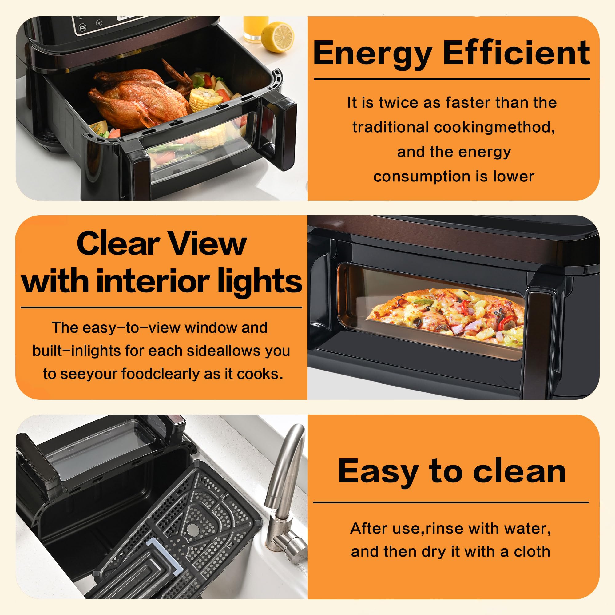 Friggitrice ad Aria 12L con Camere Singole e Doppie Regolabili, Emphsism XXL Airfryer con Finestra, Friggitrice Senza Olio, 8 Modi, Pannello Touch