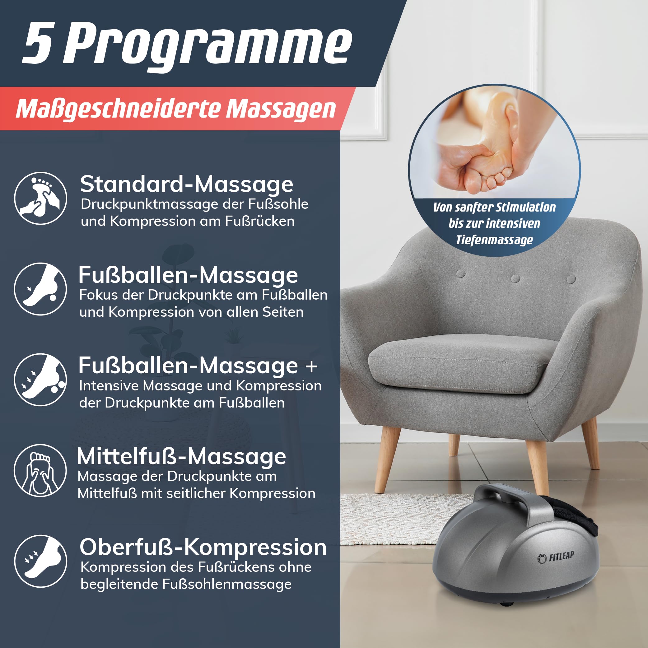 Fitleap Shiatsu Fußmassagegerät, Wärmefunktion bis 40 Grad für kalte Füße | 5 Programme, 9 Intensitätsstufen und 3 Vibrationsstufen. Fördert die Durchblutung, Einlagen waschbar, mit Fernbedienung