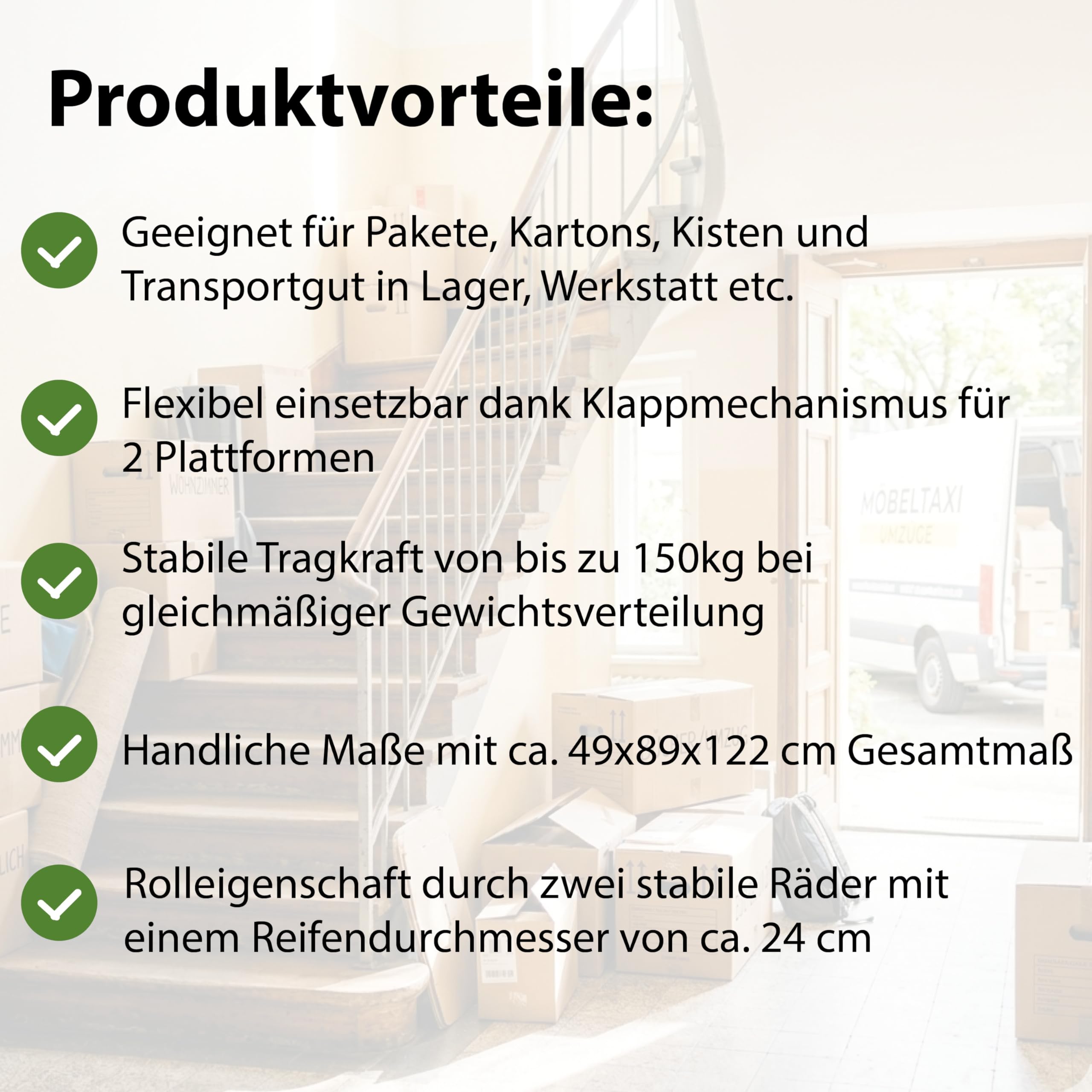 Sackkarre Paketsackkarre mit 2 Plattformen klappbar grün 150 kg Tragkraft 24 cm Reifendurchmesser 49 x 89 x 122 cm Gesamtmaße Transportkarre