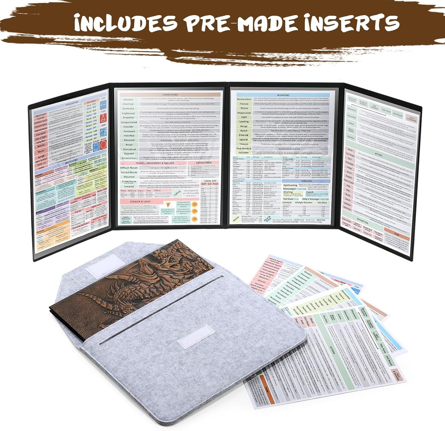LIEFY DND DM Screen – D&D Dungeon and Dragons – Schermo da gioco in ecopelle 3D goffrata con motivo drago e 4 pannelli con tasche – Regalo DND – Accessori DND (Copper)