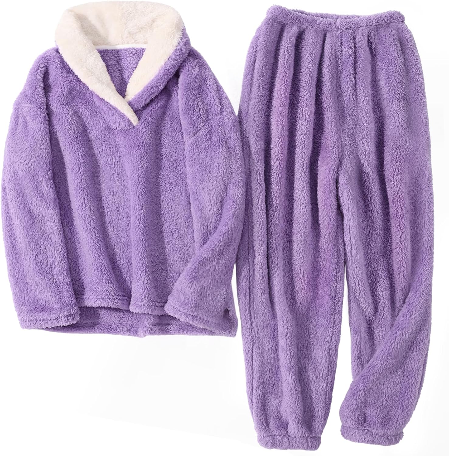 HEEKPEK Fuzzy Pajamas Set for Women Winter Warm Fluffy Loungewear Soft Fleece Pj Pants 2 Piece Plush Sleepwear Lounge Tops