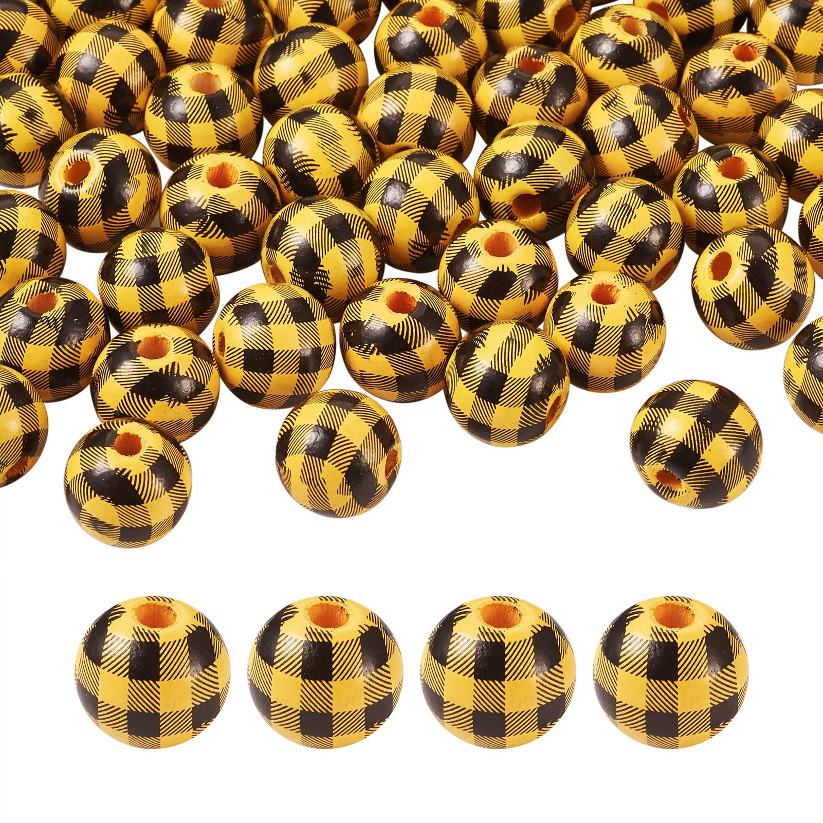 PandaHall 50pcs Plaid Print Wood Round Beads 16mm Large Hole Natural Wooden Spacer Loose Beads for Macrame Crafts DIY Jewelry Making Home Party Decoration(Yellow & Black)