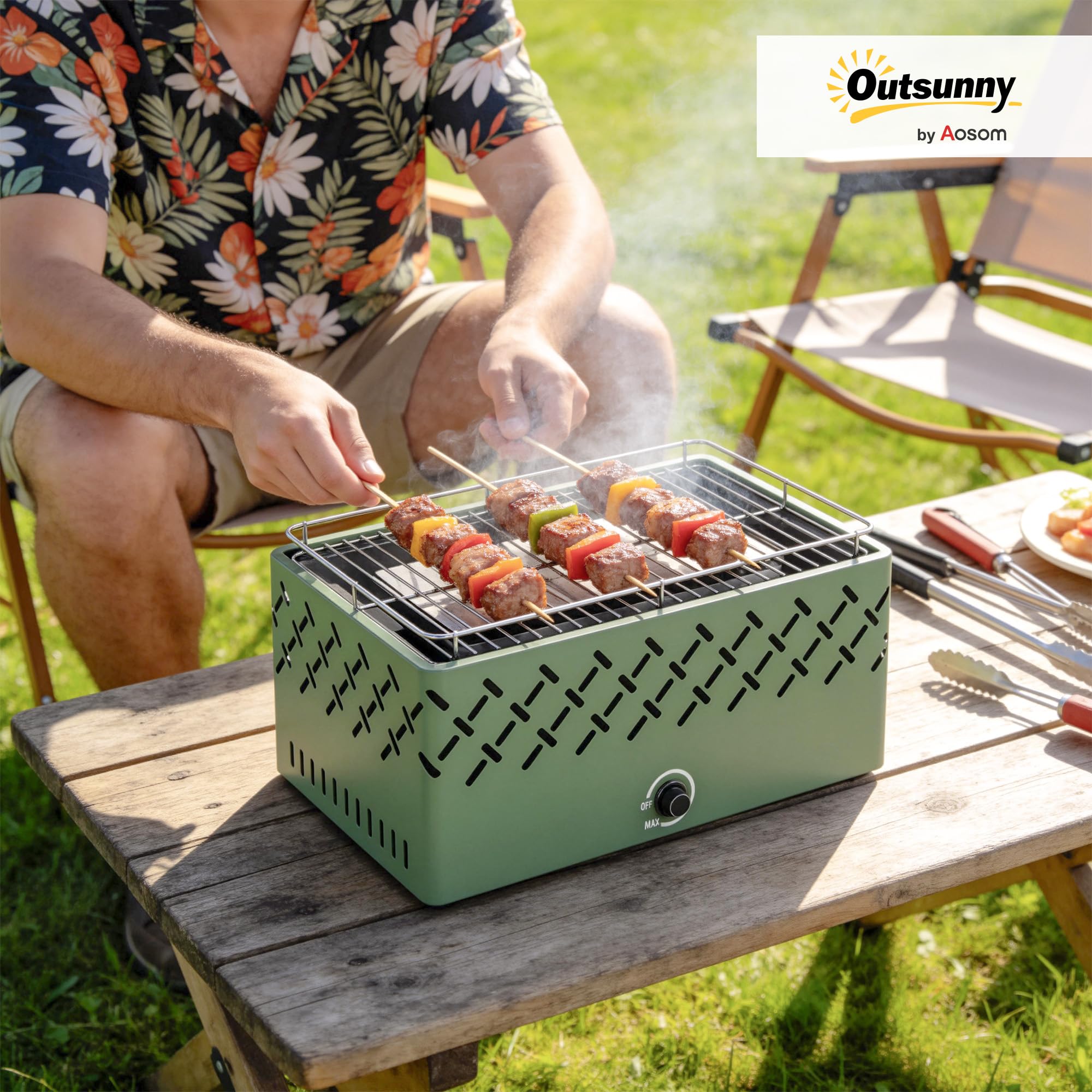 Outsunny Barbacoa de Carbón, Barbacoa Portátil, 45,5x29x21 cm, con Ventilador Integrado, Temperatura Ajustable y Bandeja de Carbón, para Camping, Picnic, Fiesta en Jardín, Verde Claro