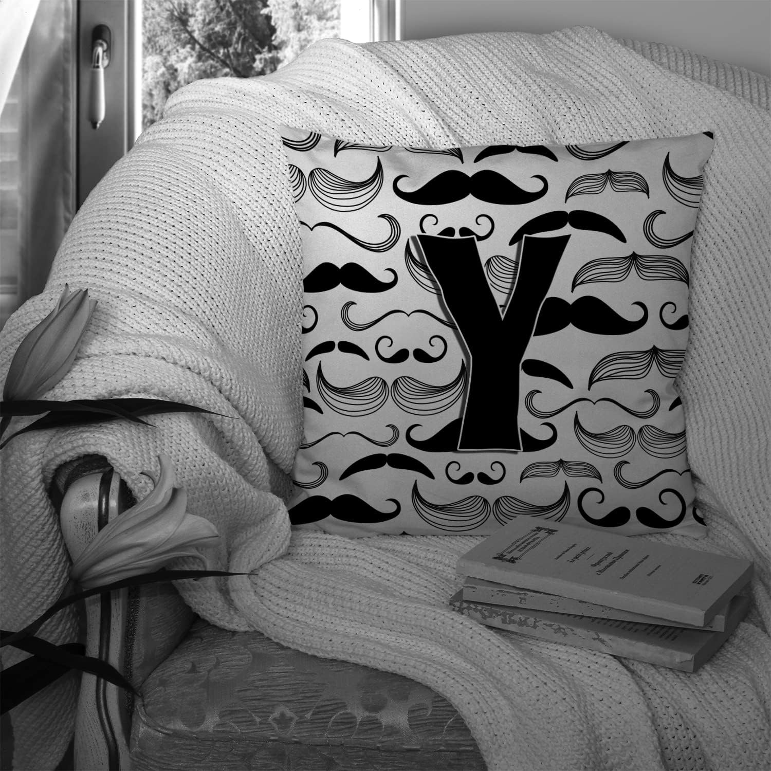 Caroline's Treasures CJ2009-YPW1414 Letter Y Moustache Initial Fabric Decorative Pillow 100% Machine Washable Pillow, Indoor or Outdoor Decorative Throw Pillow for Couch, Bed or Patio