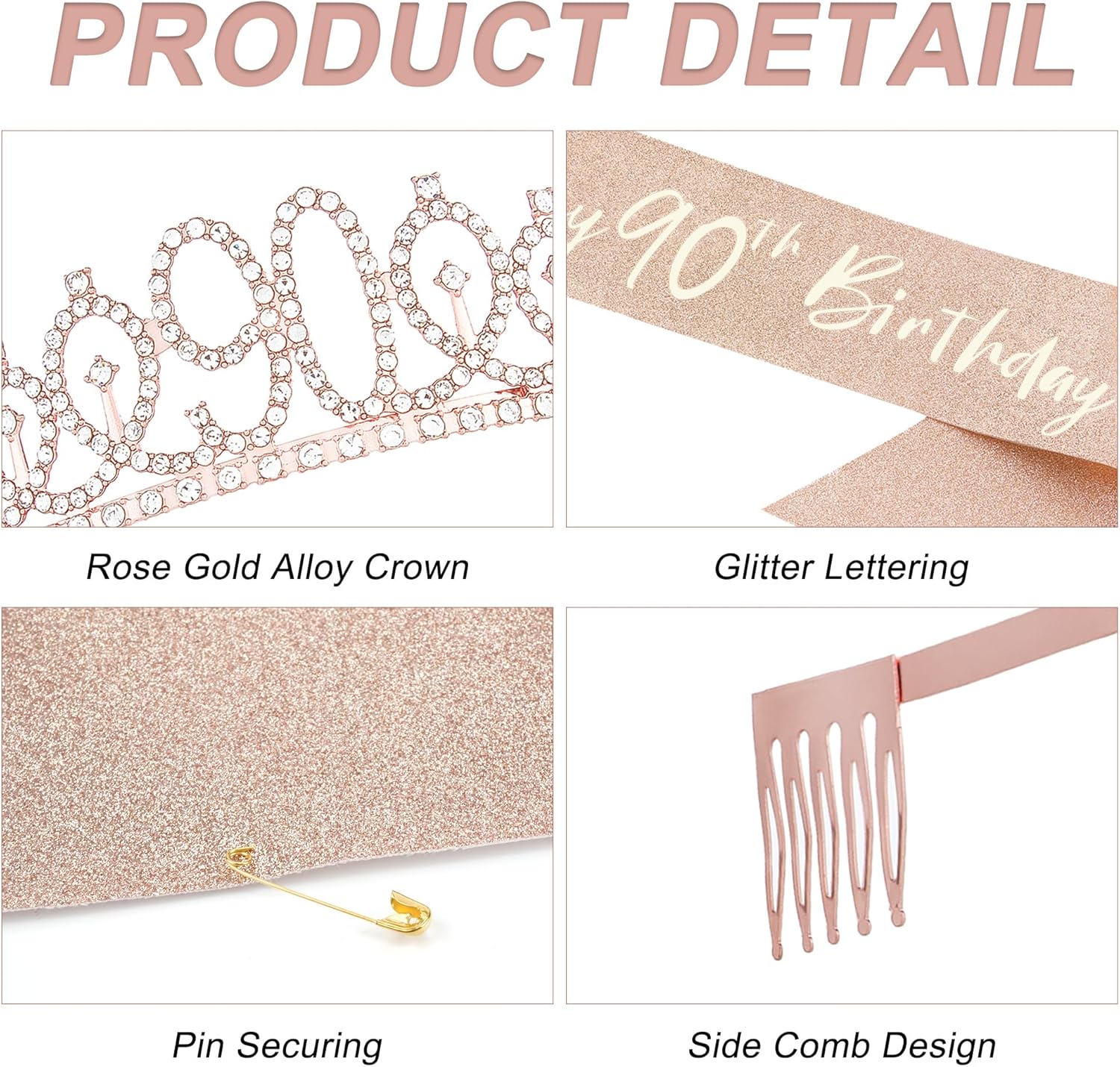 90th Birthday Decorations for Women, Including 90th Tiara and Sash, Happy Birthday Banner, Cake Toppers, Number Candles and Balloons Set, Rose Gold - Image 7