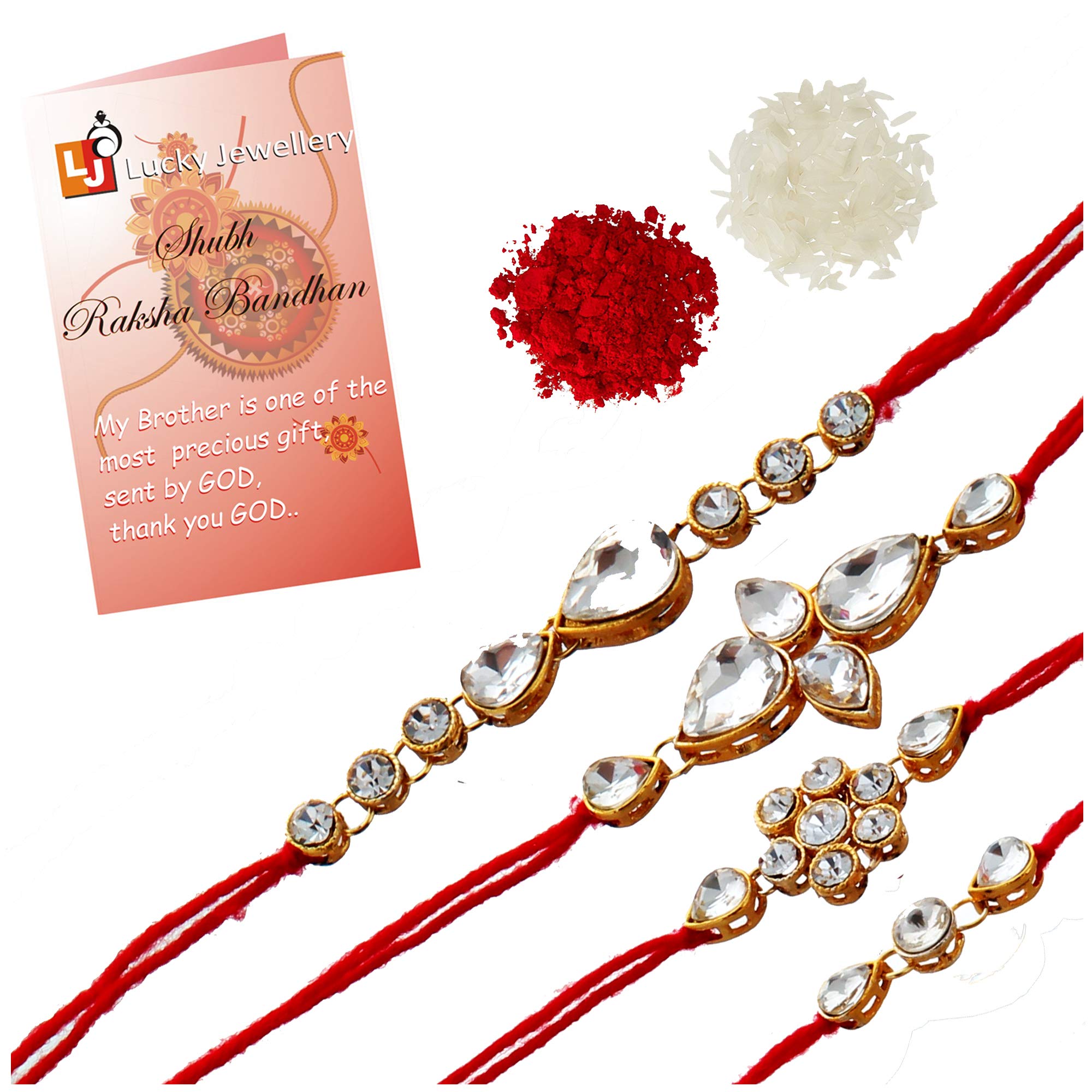 Lucky Jewellery Unisex Adults Designer Fancy Traditional Gold Plated Red Thread White Stone Rakhi- Pack of 4 Bracelet (B07V73RJXV) Amazon Price History, Amazon Price Tracker