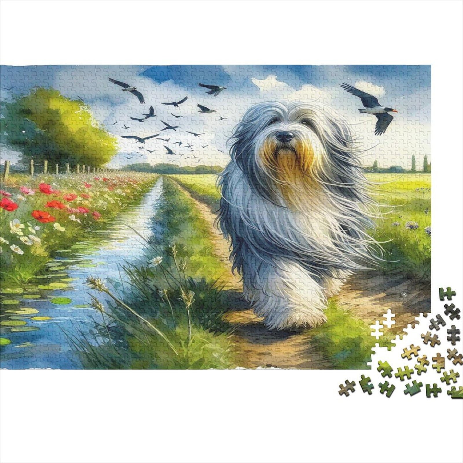 Old English Sheepdog Jigsaw Puzzle Country Path Dog Puzzle 1000Pc Recycled Paper for Adults Impossible Difficult Game Home Activity Birthday Gift for Women 70x50cm/1000pcs