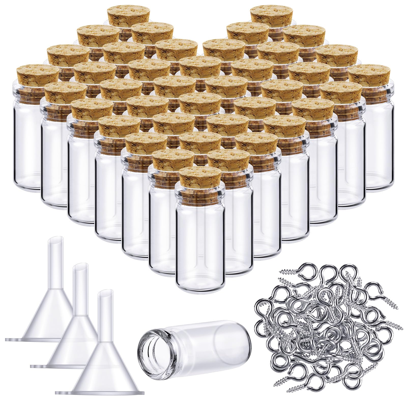 Yungyan 50 Pieces Small Mini Glass Bottles Jars with Cork Stoppers Set, Tiny Cork Glass Bottles with Eye Screws and Small Funnel for Decoration, Art