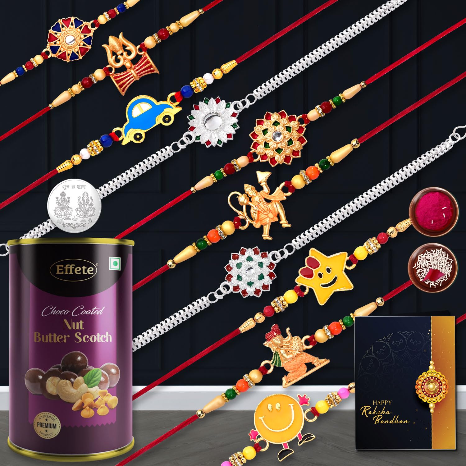 DeoDap Multicolor Bracelet/ Rakhi (K10_MC1_BS) & Effete Chocolate Combo with Silver Color Pooja Coin, Roli Chawal & Greeting Card | Occasion | Rakhi for brother with gift | Rakhi with chocolate |rakhi combo for brother | Set of 10 Rakhi | Rakhi Chocolate Gift combo|-image-14
