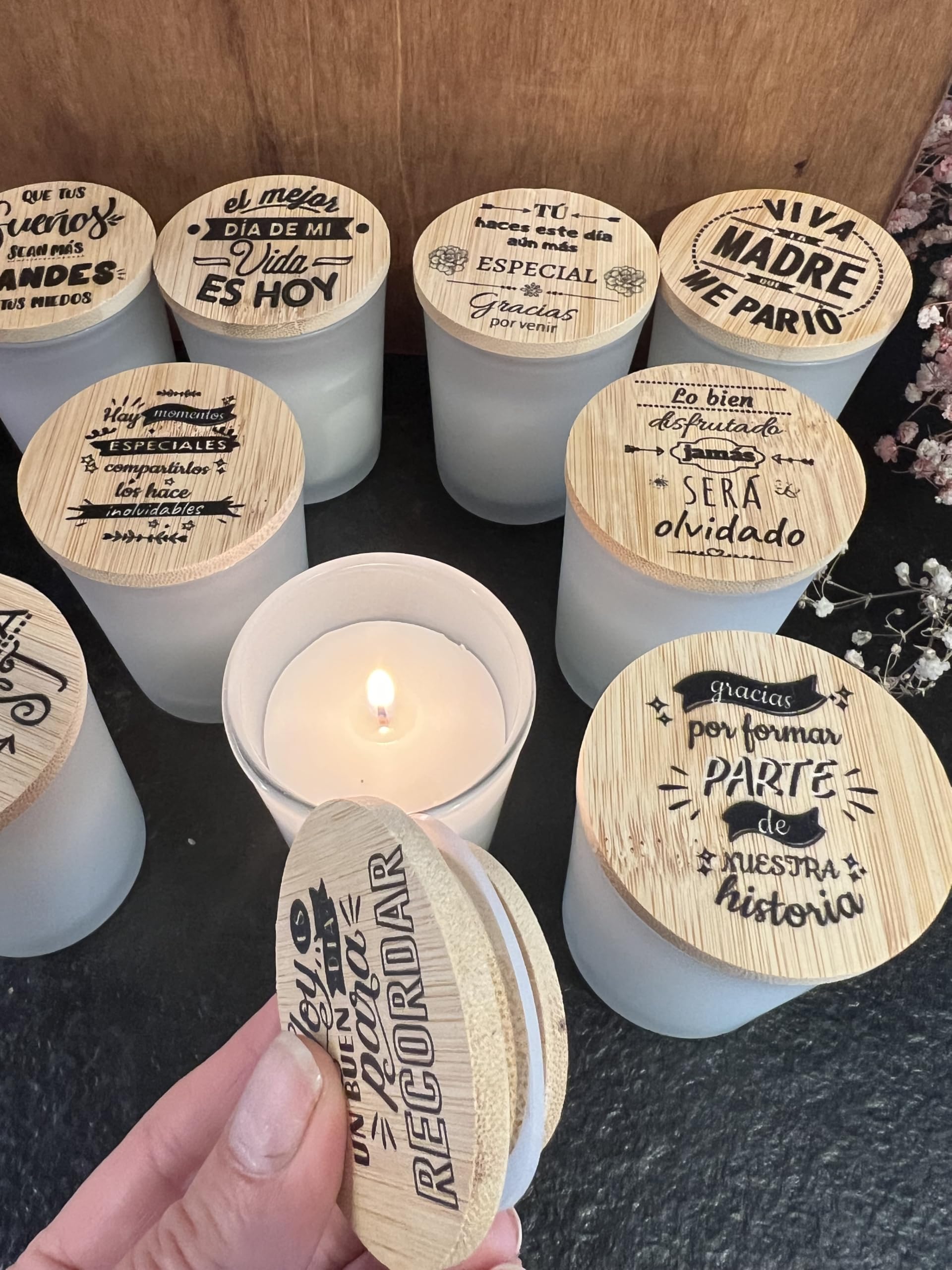 Uvimark - Detalles de boda, comunión, bautizo - Set de 10 velas aromáticas con mensaje - Velas estampadas con tapa de madera - Regalos Originales