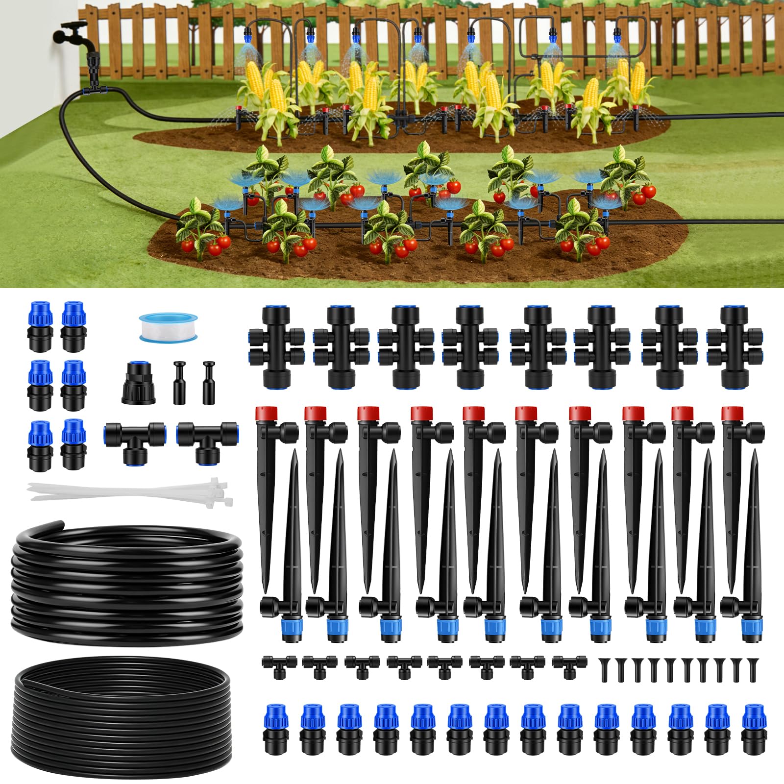 Sistema di irrigazione a goccia a innaffiamento rapido da 60 m, kit di irrigazione automatica da giardino con raccordi a bloccaggio rapido da 1/2" e 1/4", irrigatori regolabili per aiuole