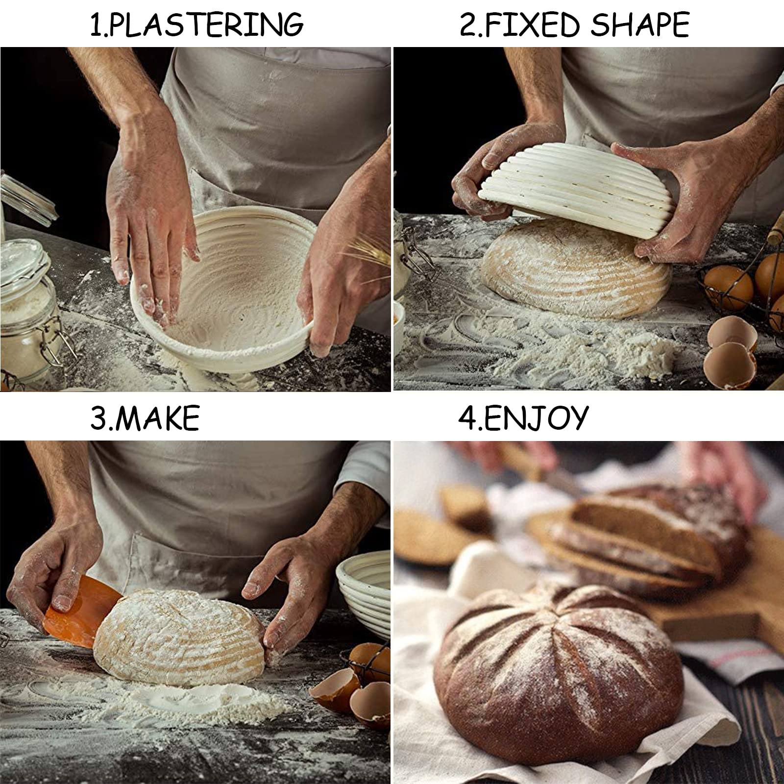 Bread Proofing Basket Round & Oval,2PCS 10in Large Banneton Brotform Rising Proving Bowl,100% Natural Rattan Sourdough,for Professional Home Bakers,750g Dough,Linen cloth Liner,Dough Scraper/Whisk - Image 4