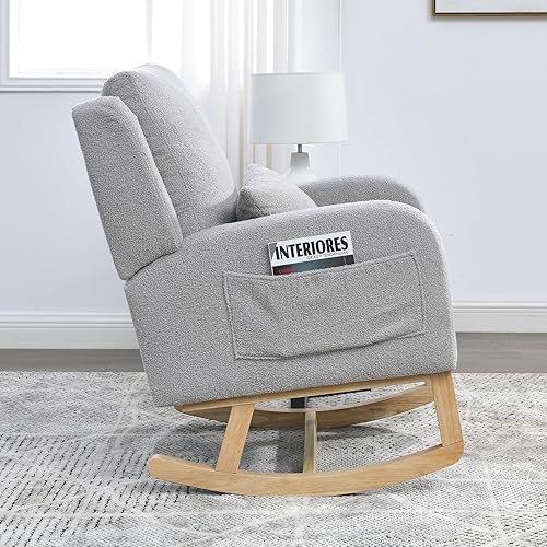 Miniatura 4 de Mecedora moderna para guardería, silla mecedora tapizada con almohada, cómodo sillón deslizante con bolsillos laterales, sofá decorativo con base de