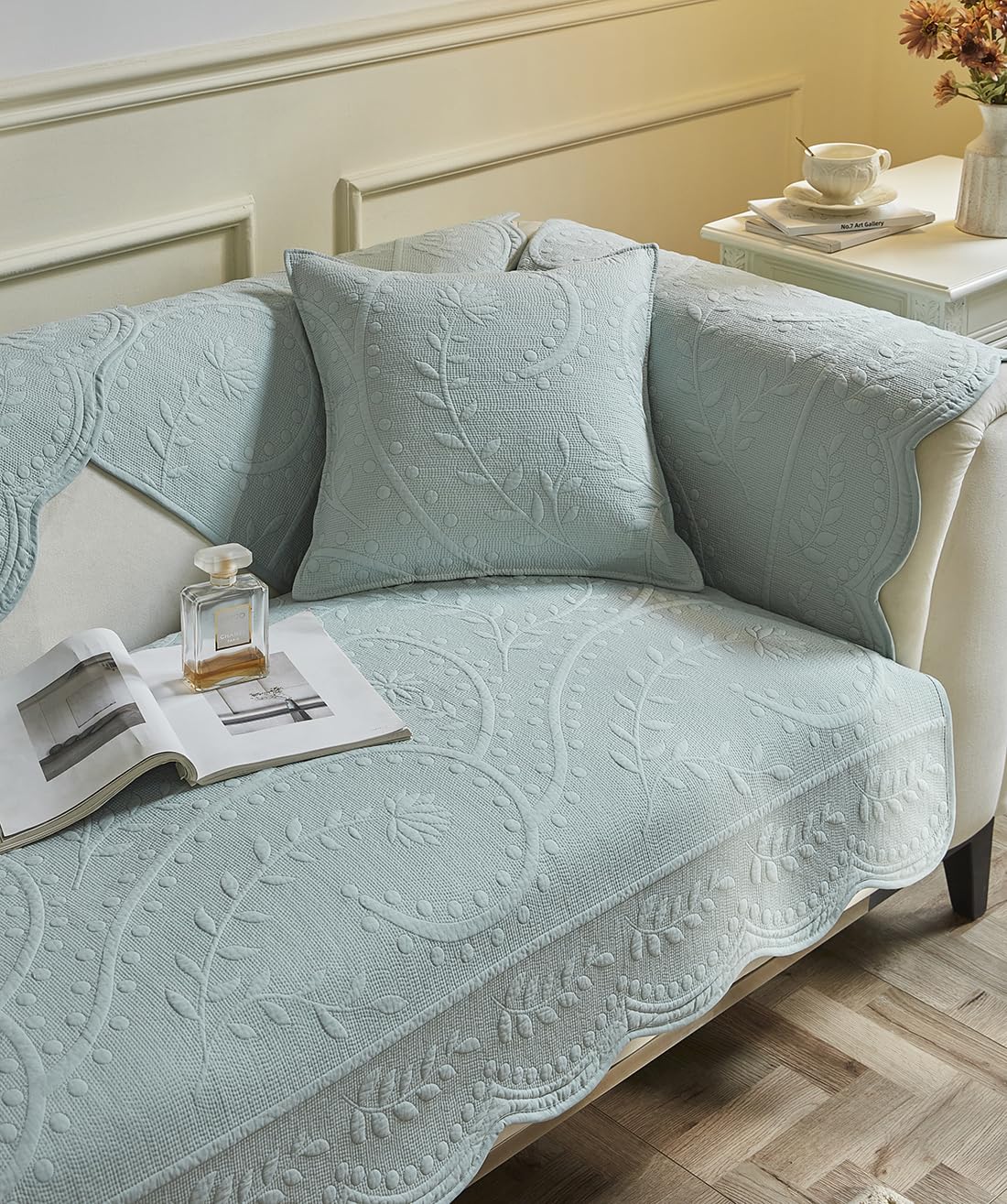 vctops Cotton Quilted Couch Cover Floral Leaves Embroidery Sofa Cover Non Slip Sofa Slipcover for Dogs Cats Kids Loveseat Recliner L Shaped Armrest