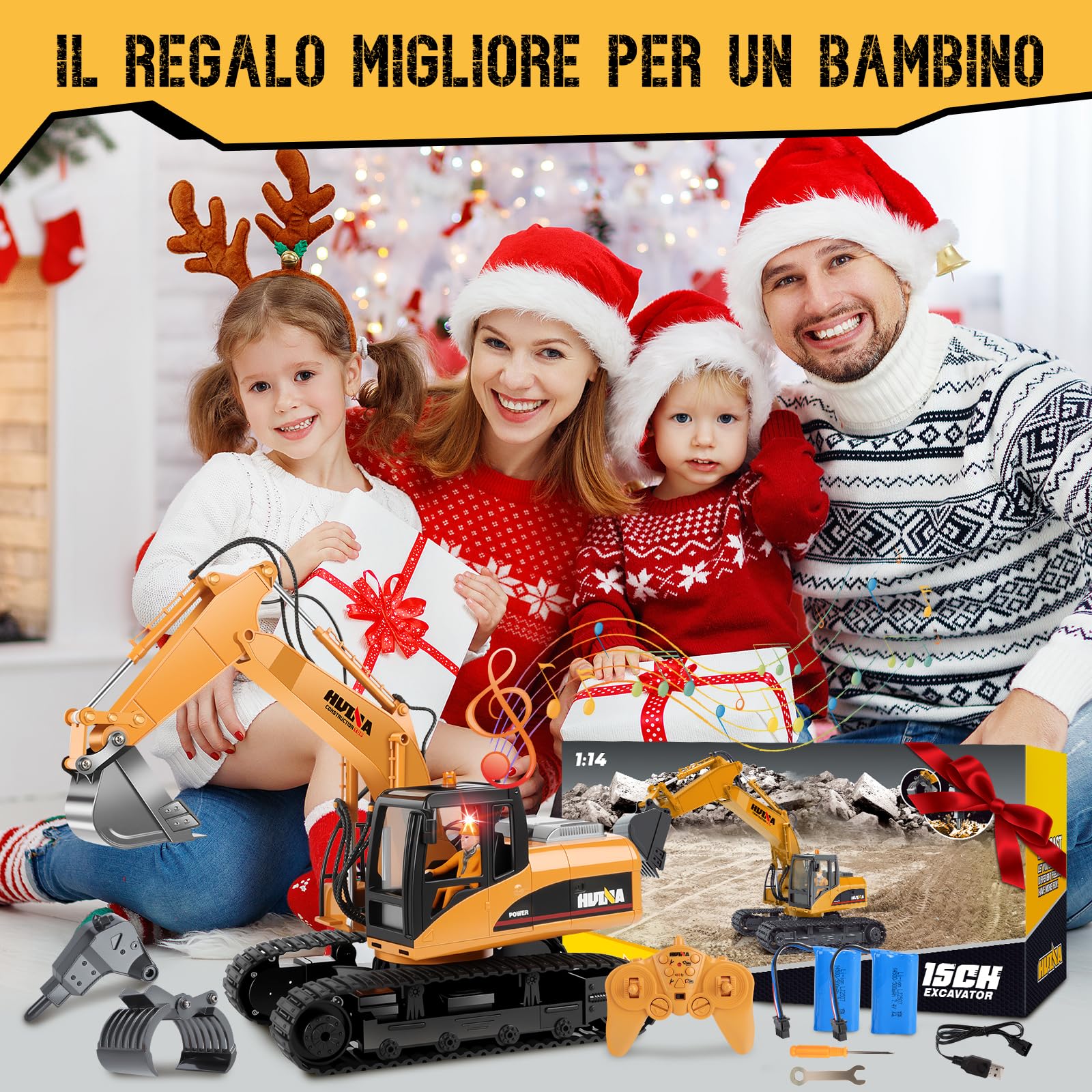 FORMIZON 2.4G Hz 15CH Escavatore Radiocomandato Benna, Martello Idraulico, Presa per Legno 3-in-1 Metallo Accessori Ruspa Escavatore Giocattolo Regalo Bambino 8 9 10 11 12 Anni Maschio