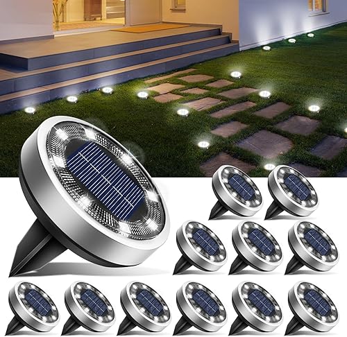 Miniatura 13 de btfarm Paquete de 16 luces solares de tierra para exteriores, 8 luces LED solares de disco IP65 impermeables, luz solar plana, luces de camino
