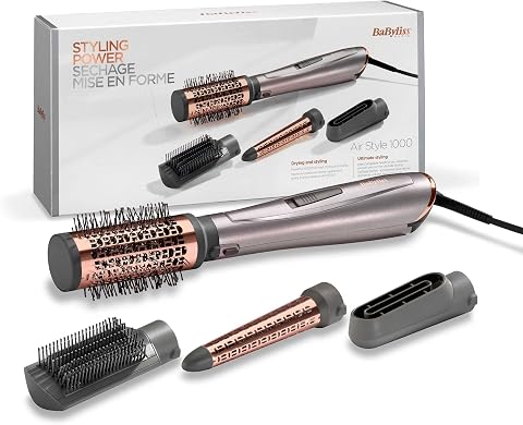 BaByliss Air Styler Hot Air Brush 1000W with Ionic Technology, 4 Interchangeable Attachments for Drying Curling Smoothing & Volumizing, Cool Shot Button, Rose Gold - AS136E