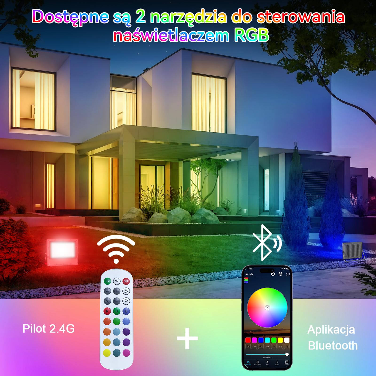 2 Pack 100W RGB LED Reflektory, Dimmable LED Flood Light Sterowanie Aplikacją Bluetooth i Pilotem 2.4G, 16 Milionów Kolorów, Synchronizacja Muzyki, Timer, IP66, 10000LM