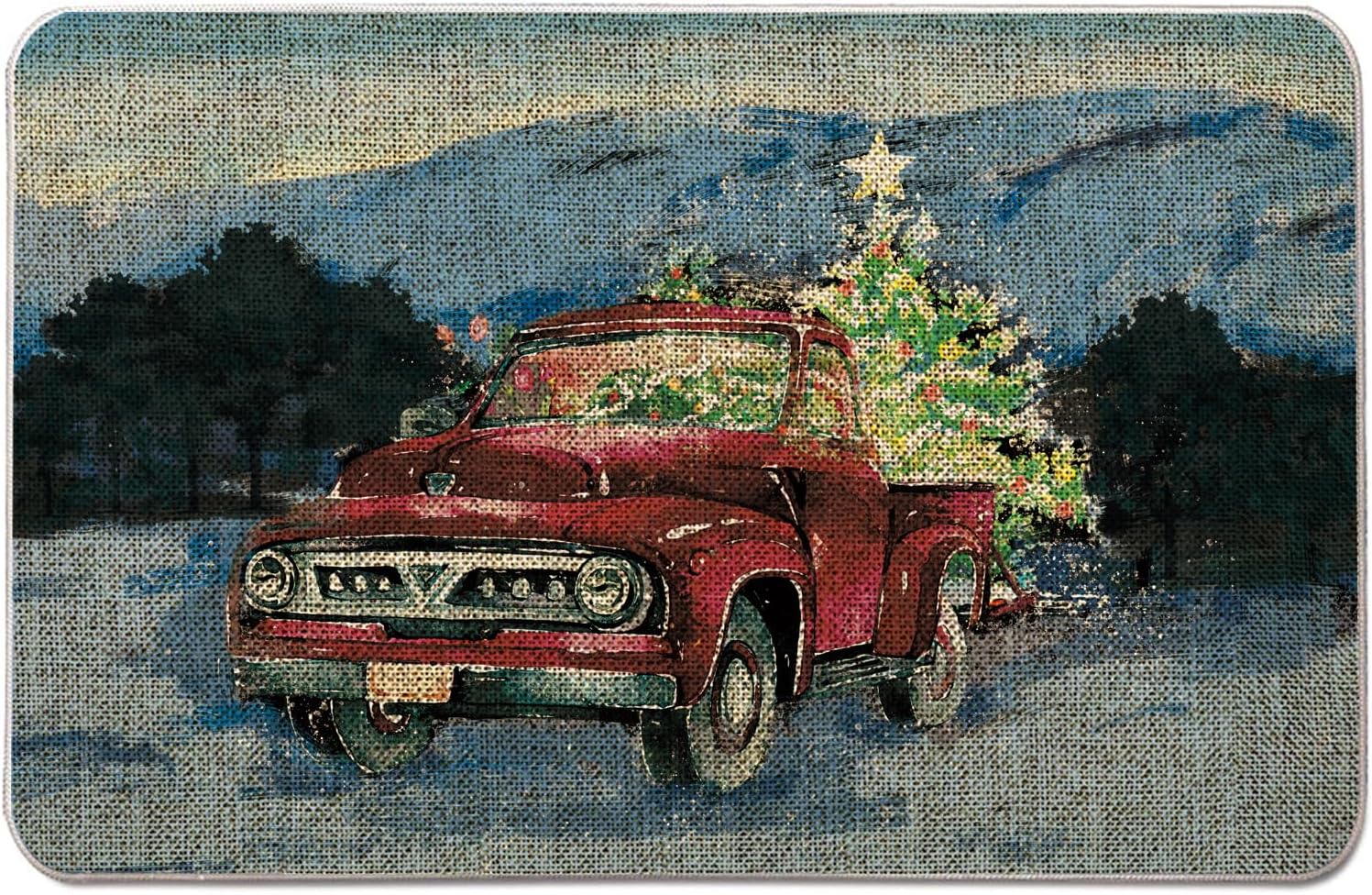 GAGEC Christmas Door Mat Outdoor Rug Red Truck Doormat Entrance Rug Christmas Tree