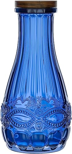 Elle Decor Jarra de vidrio azul con tapa de madera, jarra de bebidas para agua, jugo, té helado y barra de mimosa - Recipiente para bebidas para