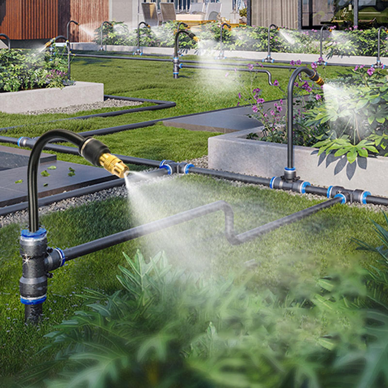 Kit irrigazione giardino rotante 360°, kit nebulizzatore rinfrescante | Kit controllo polvere cava per cantiere, flusso d'acqua regolabile & raccordi rapidi(50m(1969″/164ft))