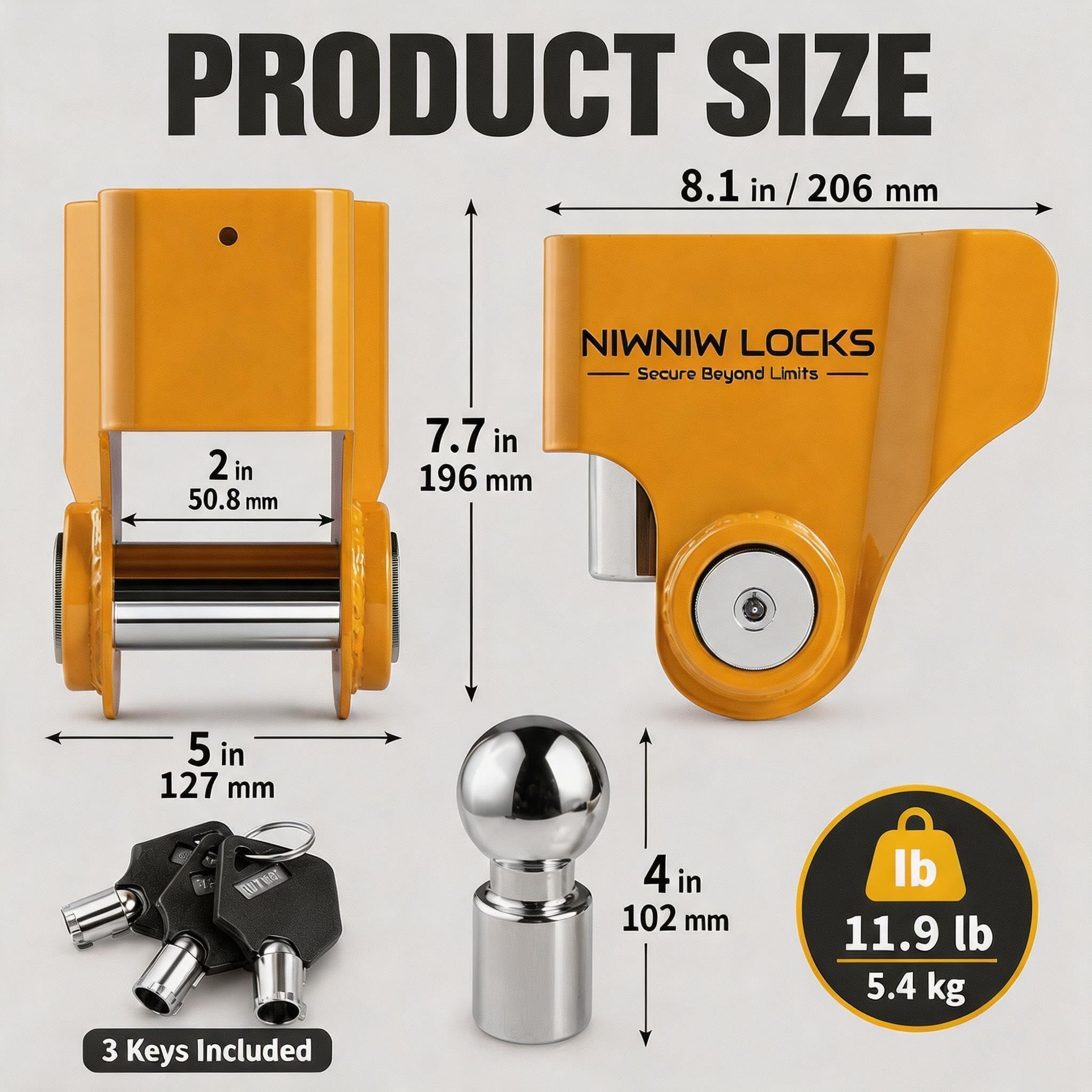 NiwNiw Verrou d'attelage de remorque robuste pour tête sphérique en acier forgé Knott Avonride 50 mm (575003/575004/575005/575008), verrou d'attelage antivol haute sécurité avec armure en acier trempé