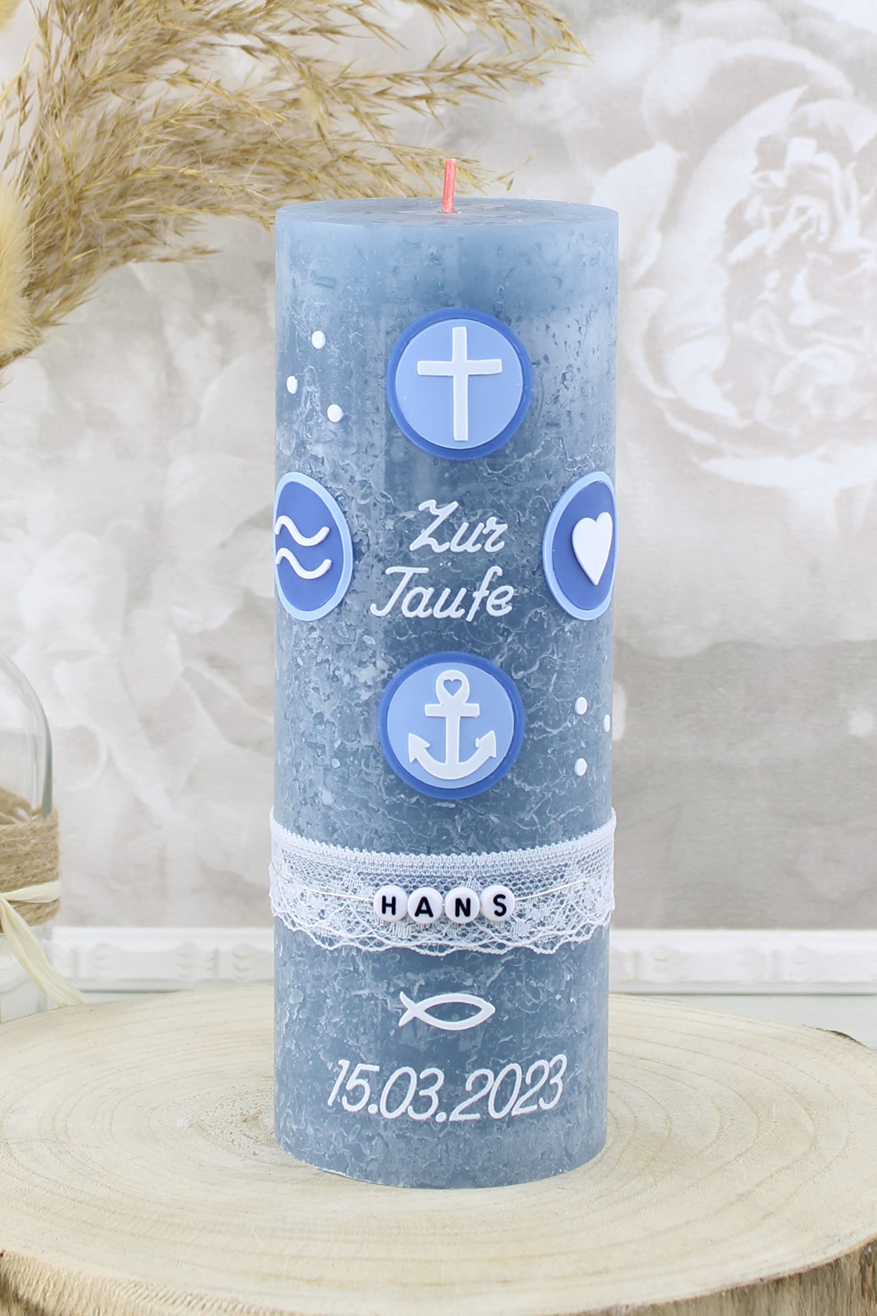 Taufkerze Rustik HANS Junge oder Mädchen mit Name und Datum, individuell und handverziert 1765