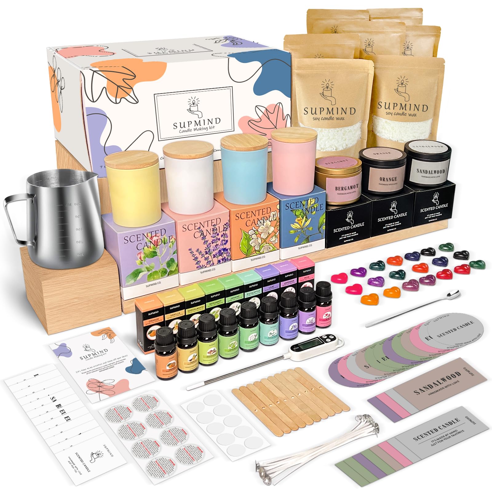 SUPMINDCandle Making Kit for Adults - Candle Making Supplies for Candle Making Starter Kits with Soy Wax, Big 7oz Jars & Tins, 9 Pleasant Scents, Color Dyes & More - Perfect for Home Decorations