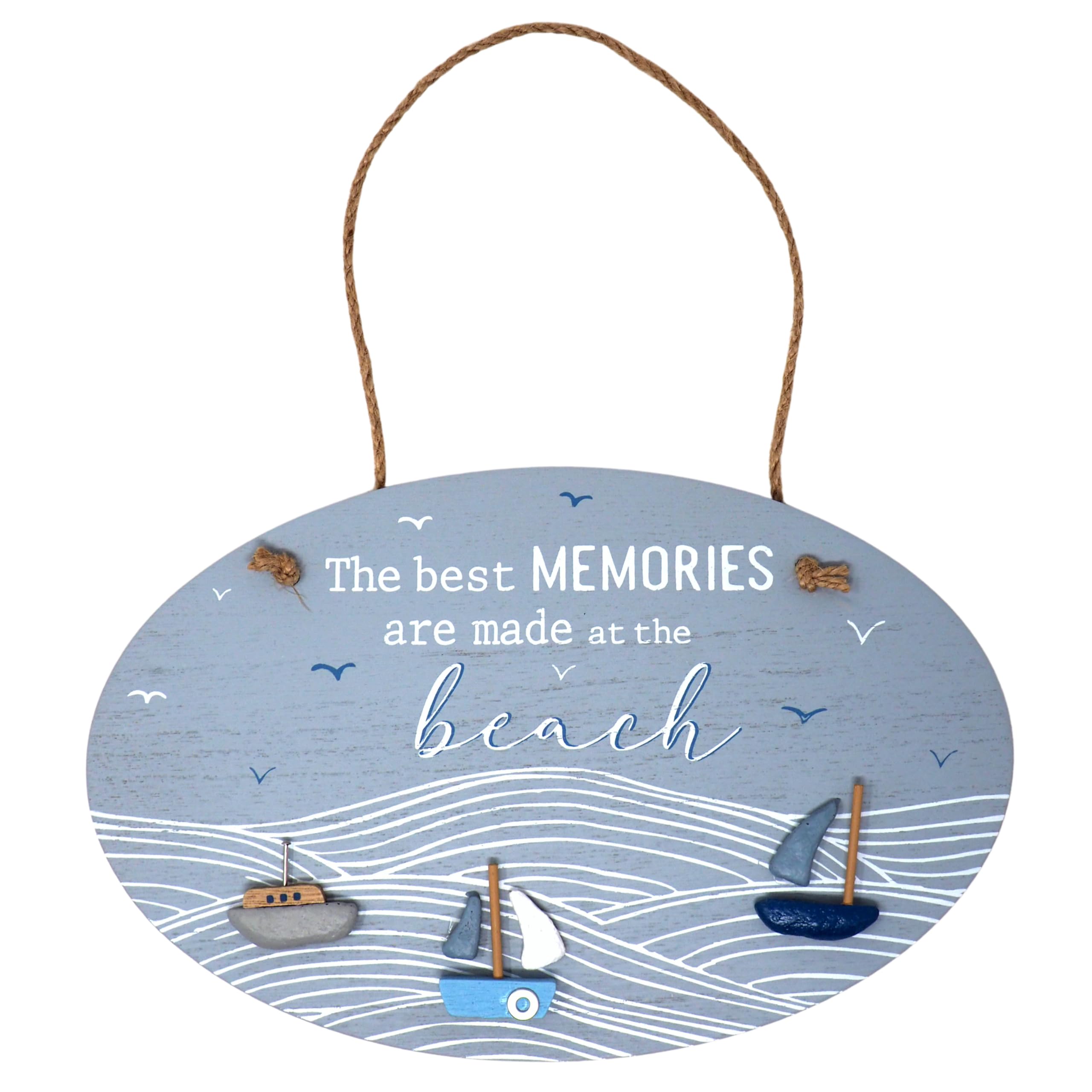 Green Sea Coastal Beach Memories Hanging Wooden Plaque Sign with Rope Hanger 30cm