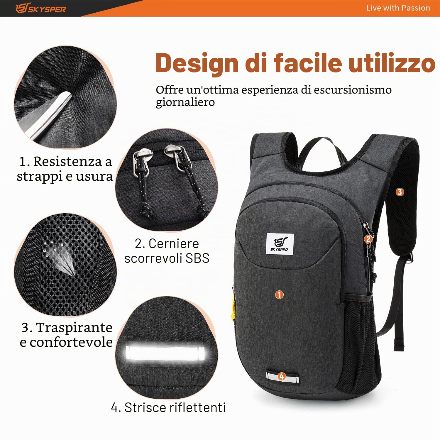 SKYSPER Zaino Ultraleggero Pieghevole 10L, Zaino Salvaspazio da Viaggio | con Strisce Riflettenti Anteriori e Posteriori per Escursioni viaggi Ciclismo Trekking