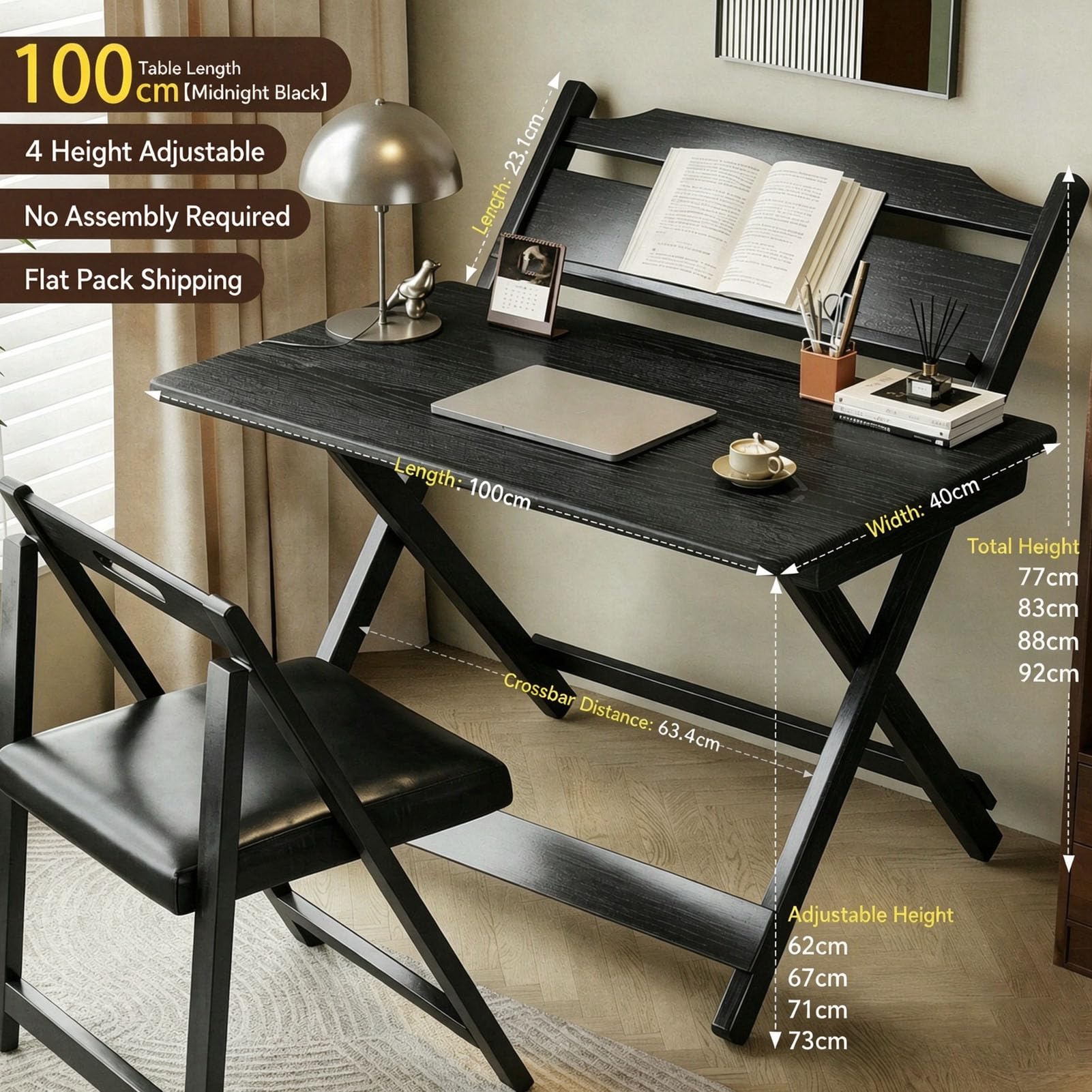 Scrivania Pieghevole 80 cm, Altezza Regolabile con cassetto & ripiano Posteriore, Finitura Noce, scrivania salvaspazio per Camera, Studio e Smart Working,Black 80cm