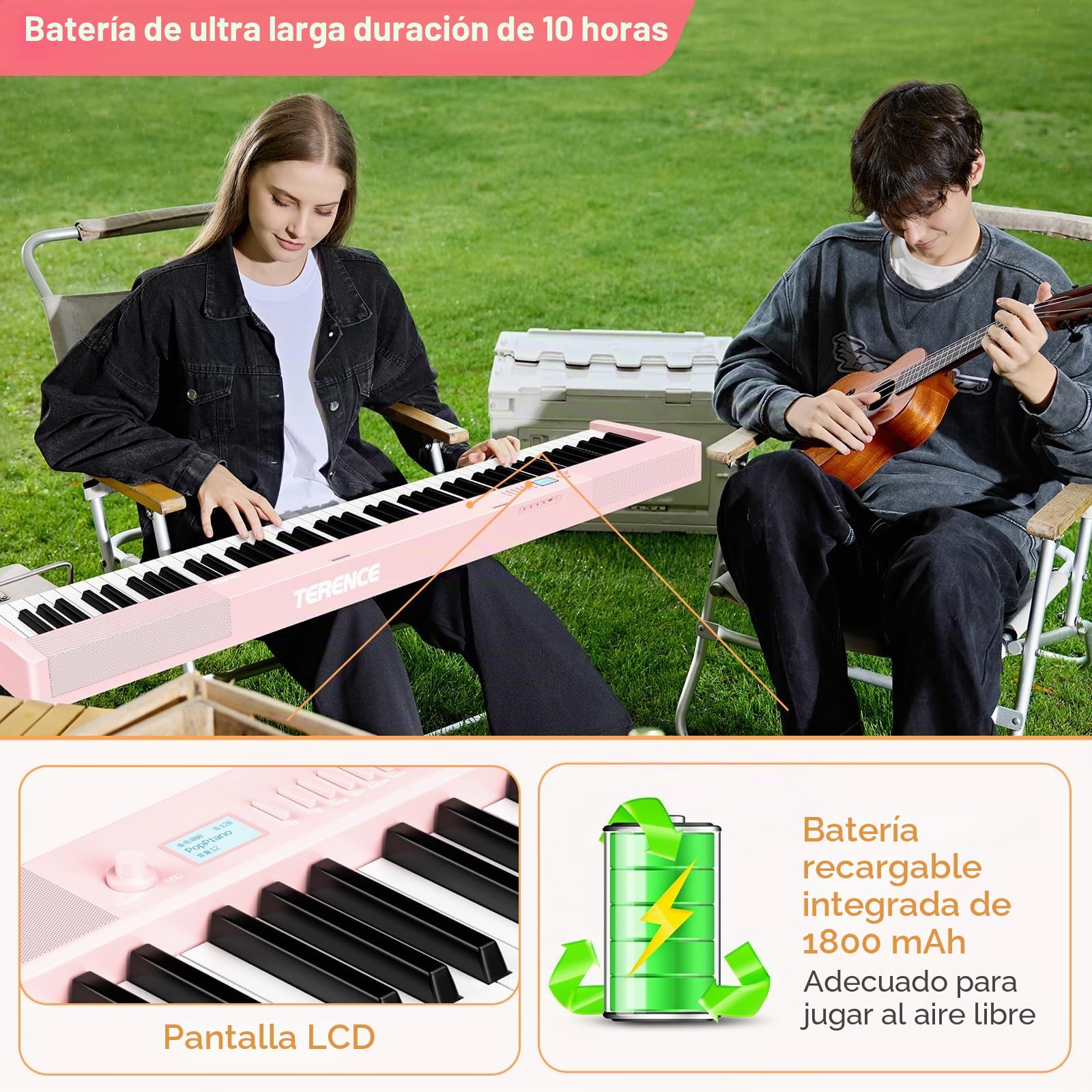 TERENCE Piano digital para adultos, instrumento musical con 88 teclas ponderadas, batería de 1800 mAh, 2 altavoces de 25 W, piano plegable, portátil, compatible con Bluetooth e interfaces MIDI,Rosa