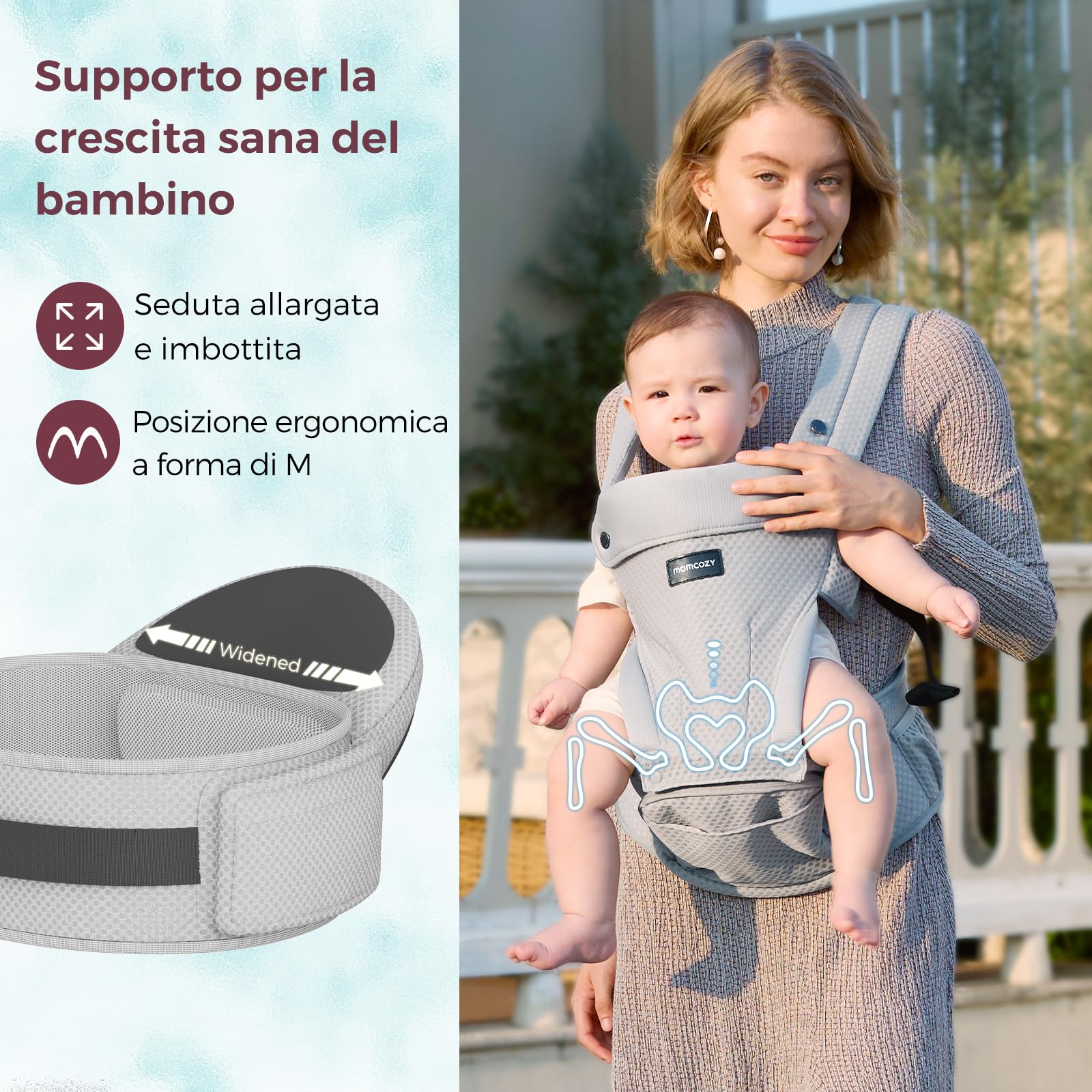 Momcozy Marsupio Neonato con Sede Anca 2 in 1, Portabebè Fronte Strada a Mani Libere fino a 20 kg, Marsupio Bambino 4 Stagioni con Cintura Regolabile fino a 115 cm,Grigio Air Mesh