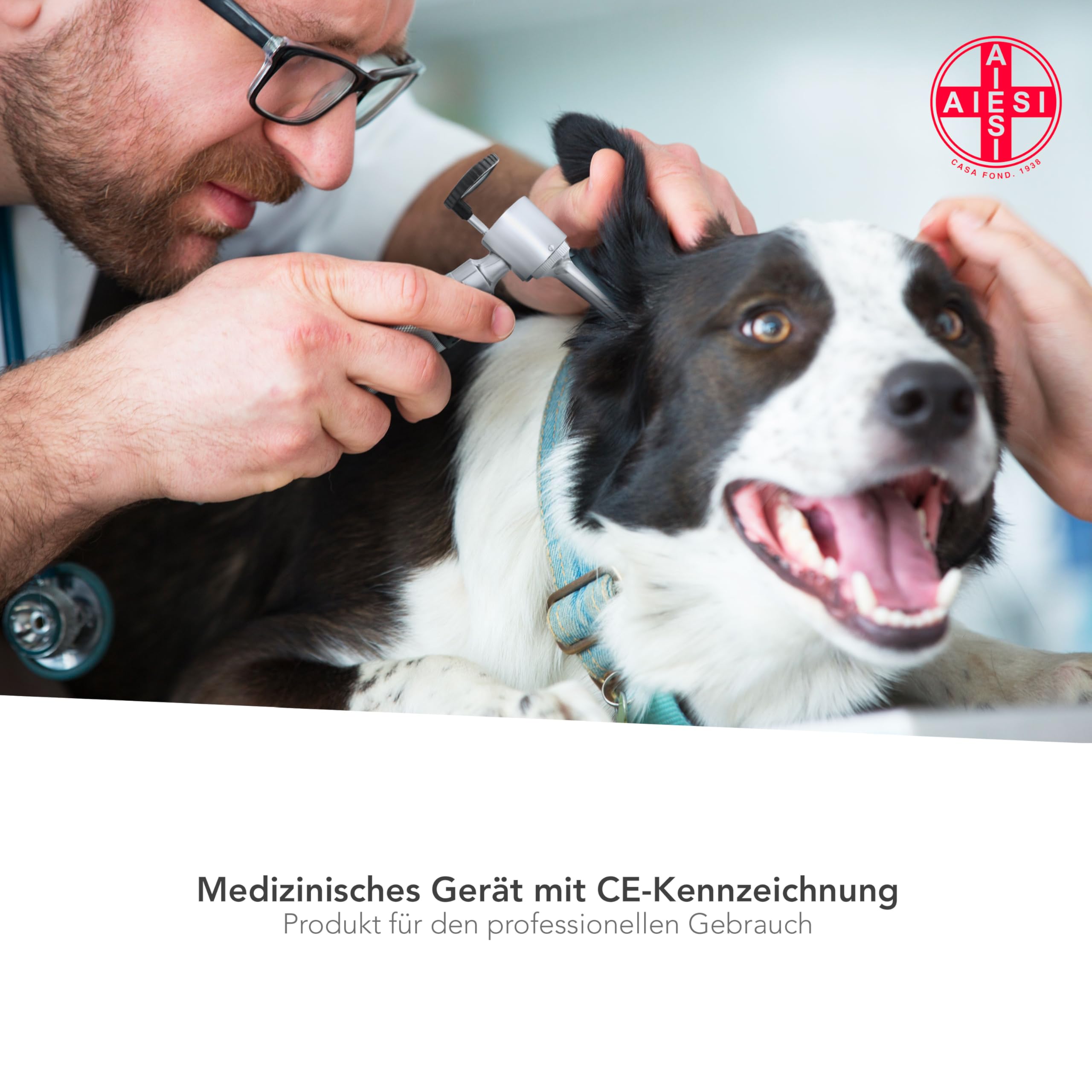 AIESI® Otoskop mit licht Veterinär professionell offenherzig weißlicht LED 3V beleuchtung mit 3 edelstahlkegeln VETSCOPE, Garantie 24 Monate